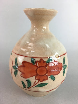 Japanese Ceramic Sake Bottle Vtg Floral Tokkuri Red Green Crackle Glaze TS164