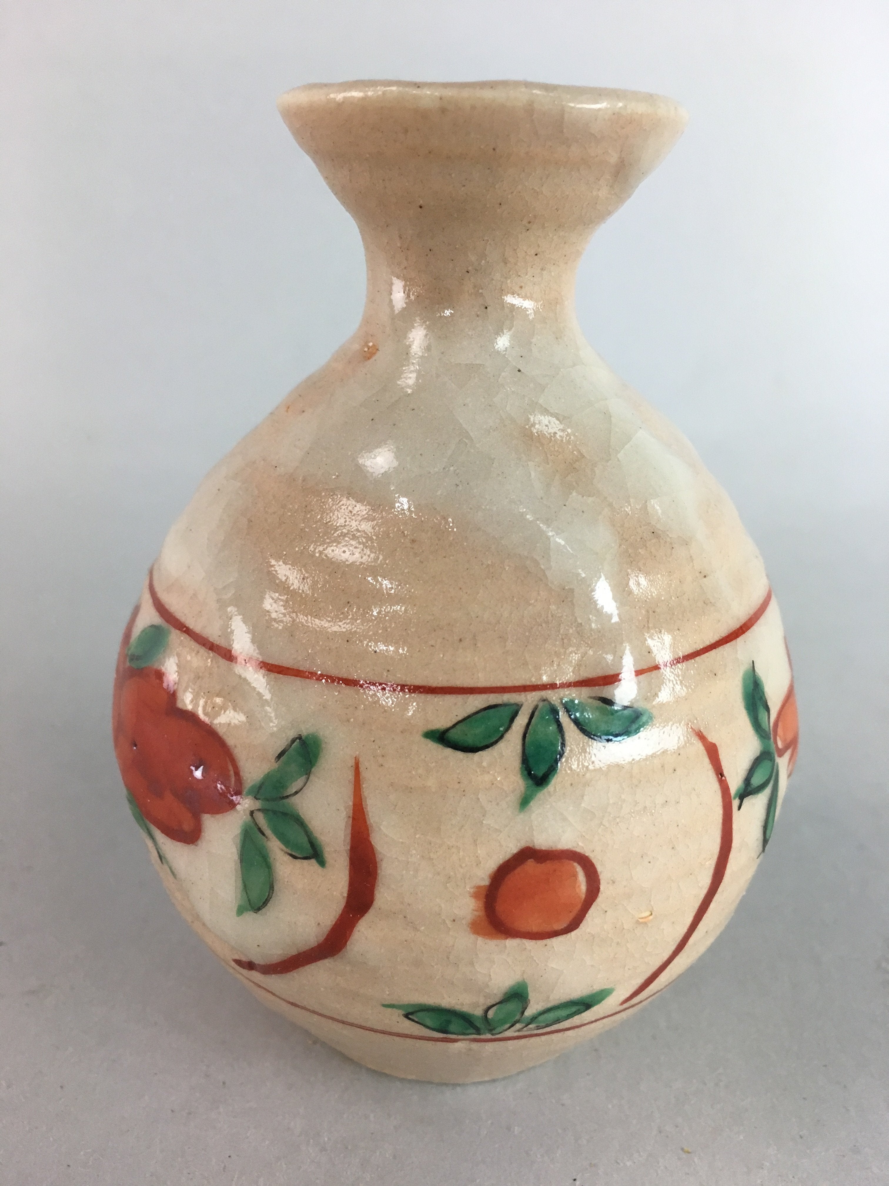 Japanese Ceramic Sake Bottle Vtg Floral Tokkuri Red Green Crackle Glaze TS164
