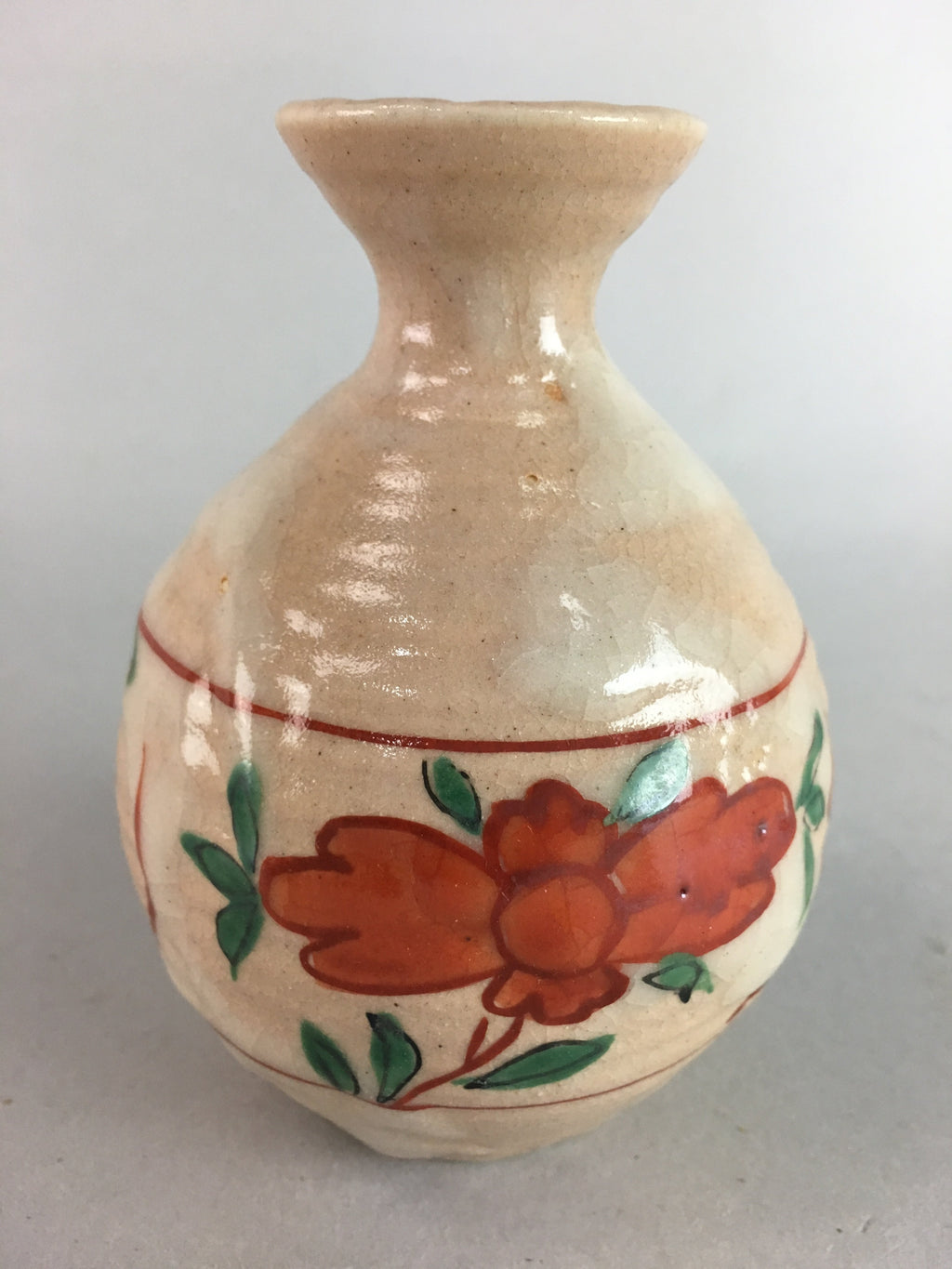 Japanese Ceramic Sake Bottle Vtg Floral Tokkuri Red Green Crackle Glaze TS164