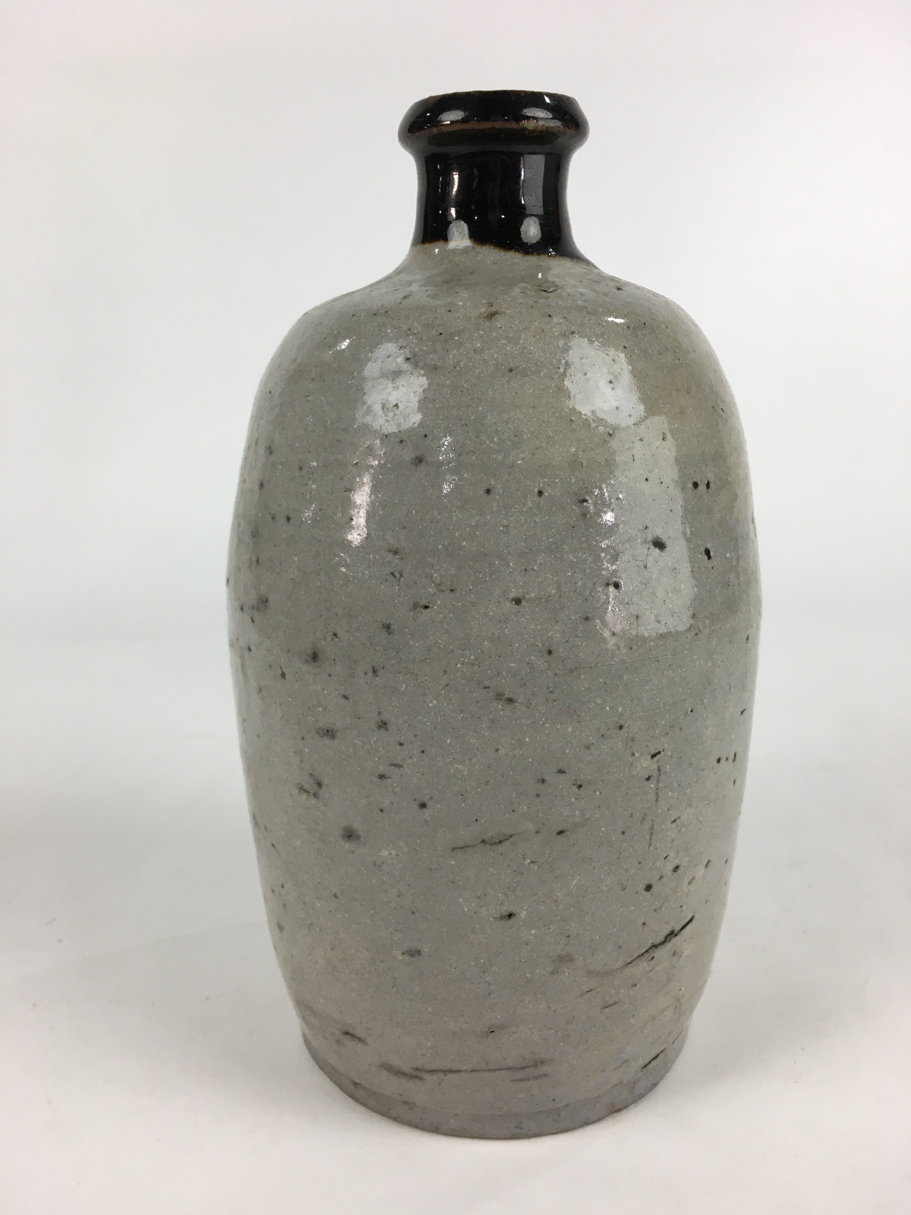 Japanese Ceramic Sake Bottle Vtg Kayoi Tokkuri Gray Black Neck TS406