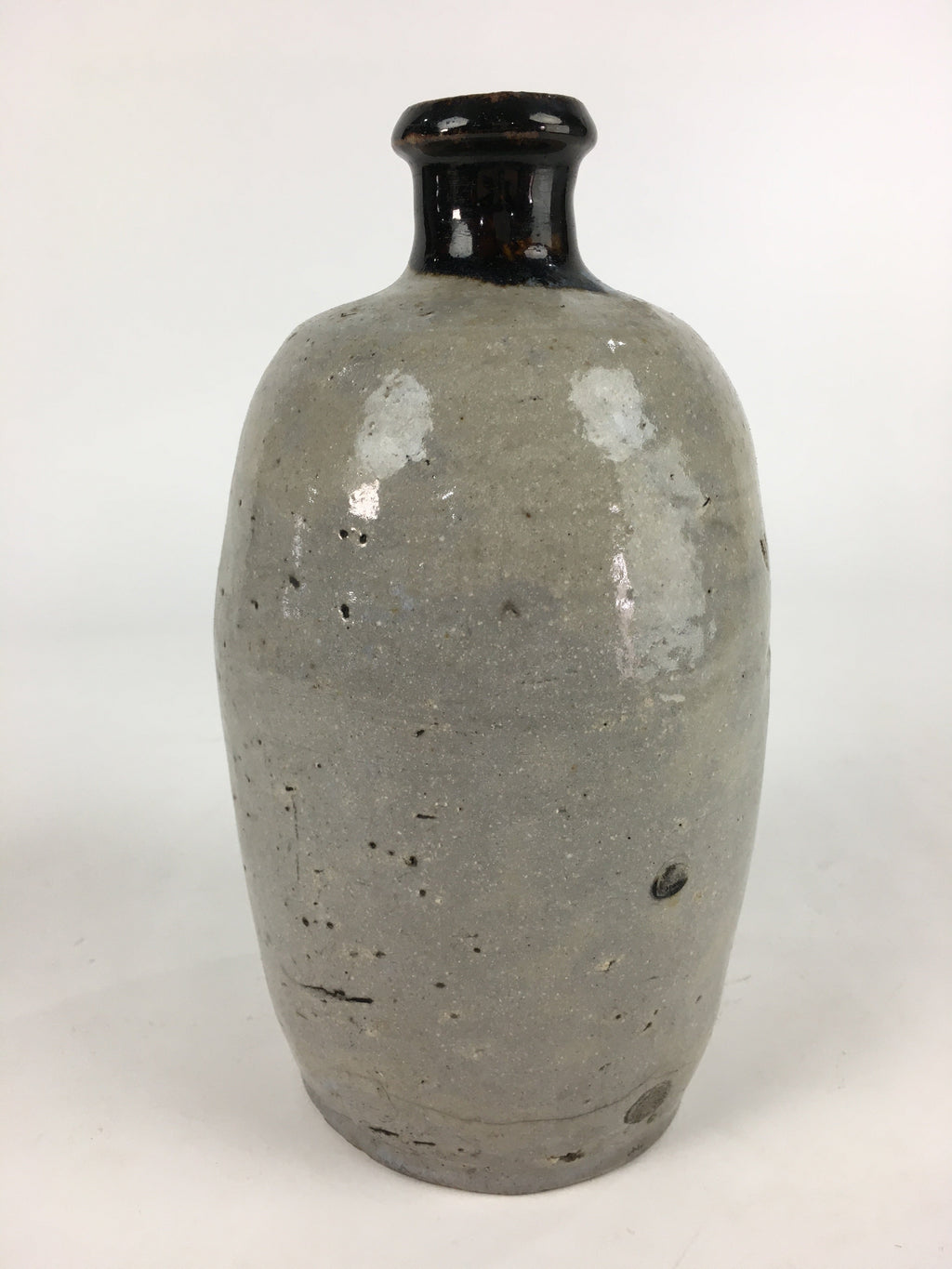 Japanese Ceramic Sake Bottle Vtg Kayoi Tokkuri Gray Black Neck TS406