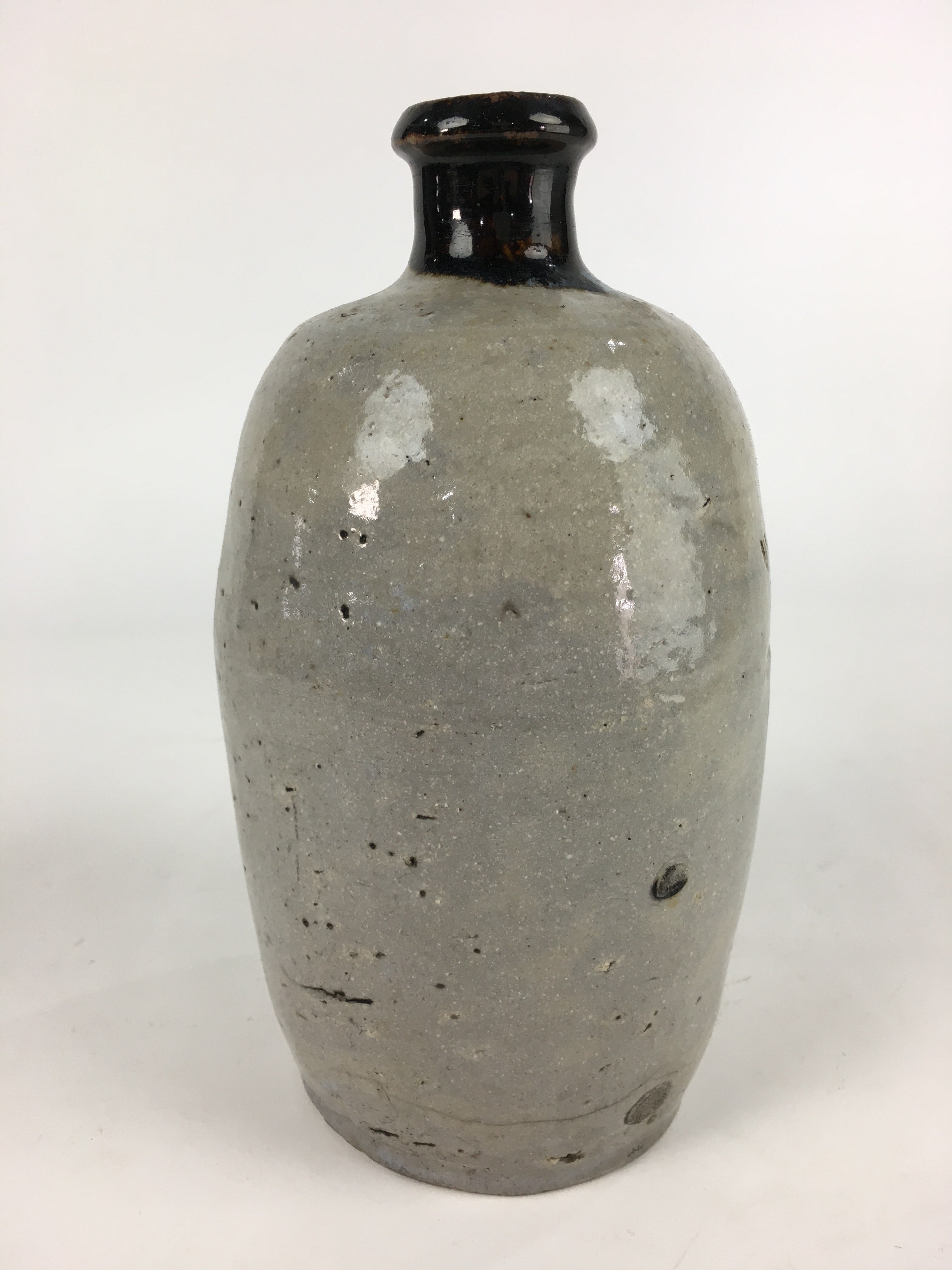 Japanese Ceramic Sake Bottle Vtg Kayoi Tokkuri Gray Black Neck TS406
