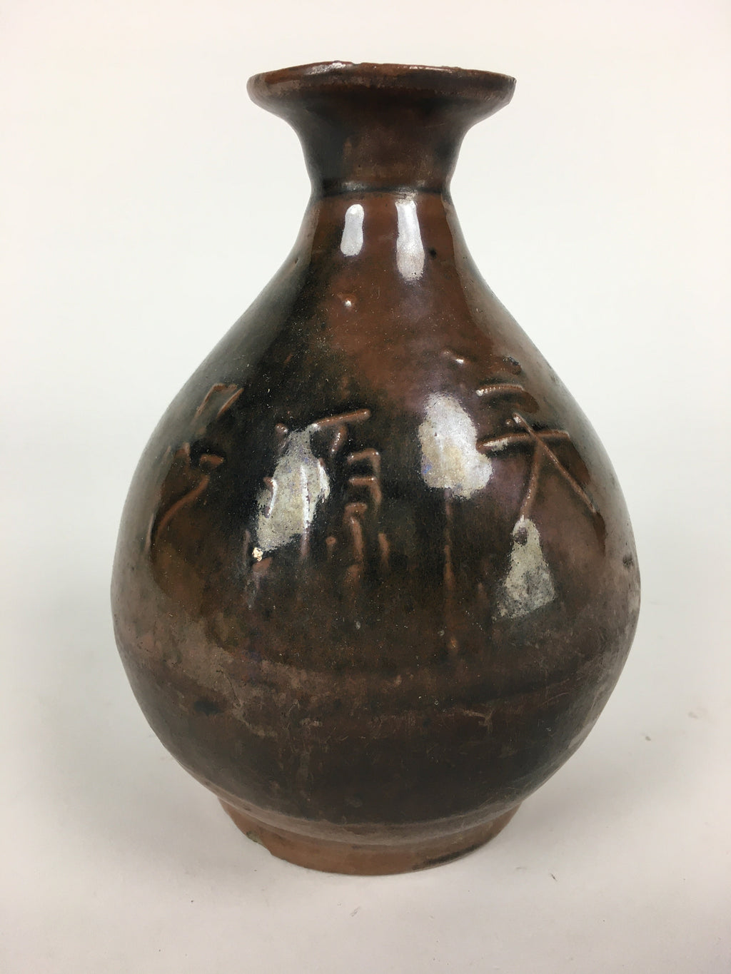 Japanese Ceramic Sake Bottle Vtg Kayoi Tokkuri Ukibori Kanji Brown TS317