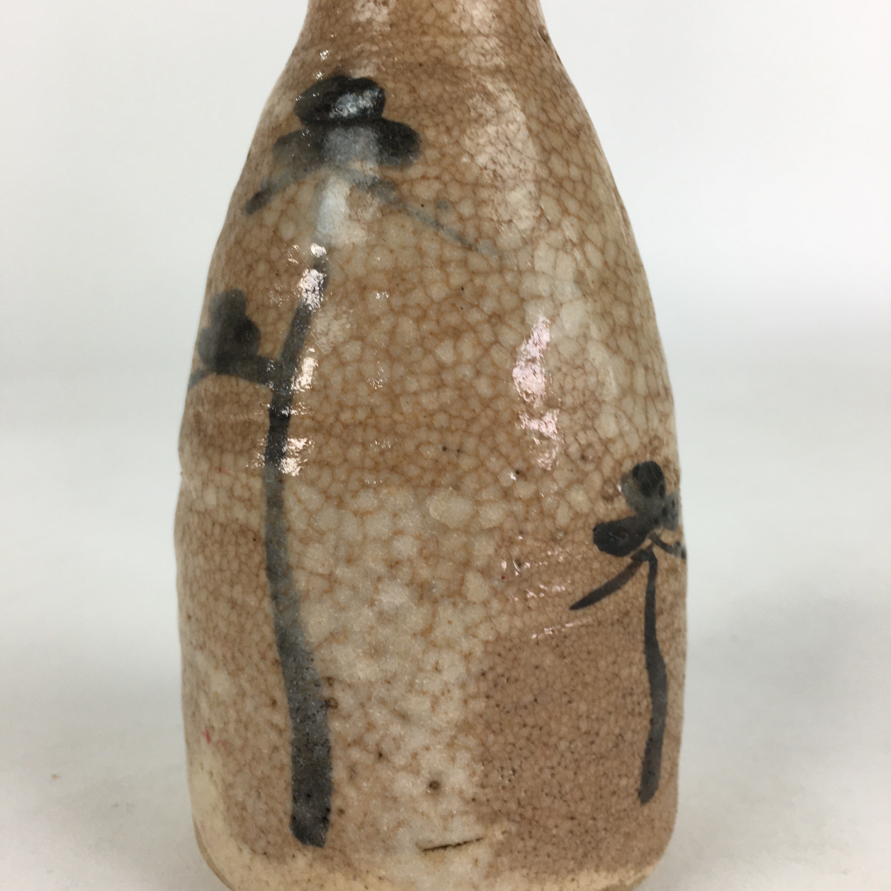 Japanese Ceramic Sake Bottle Vtg Pine Tree Cracked Glaze Tokkuri Brown TS395