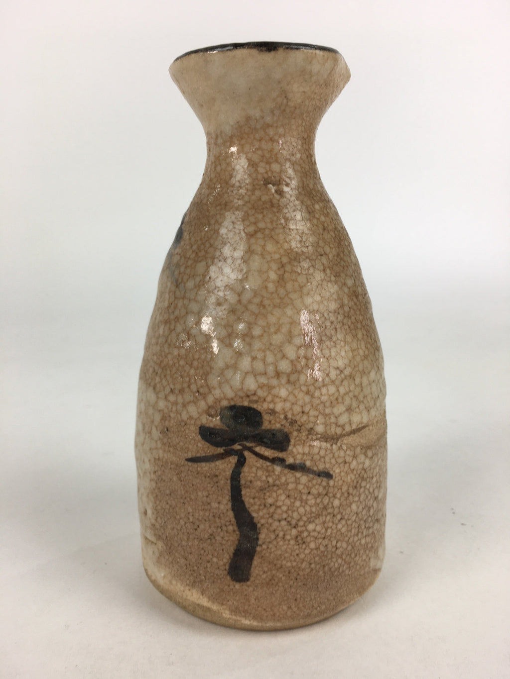 Japanese Ceramic Sake Bottle Vtg Pine Tree Cracked Glaze Tokkuri Brown TS395