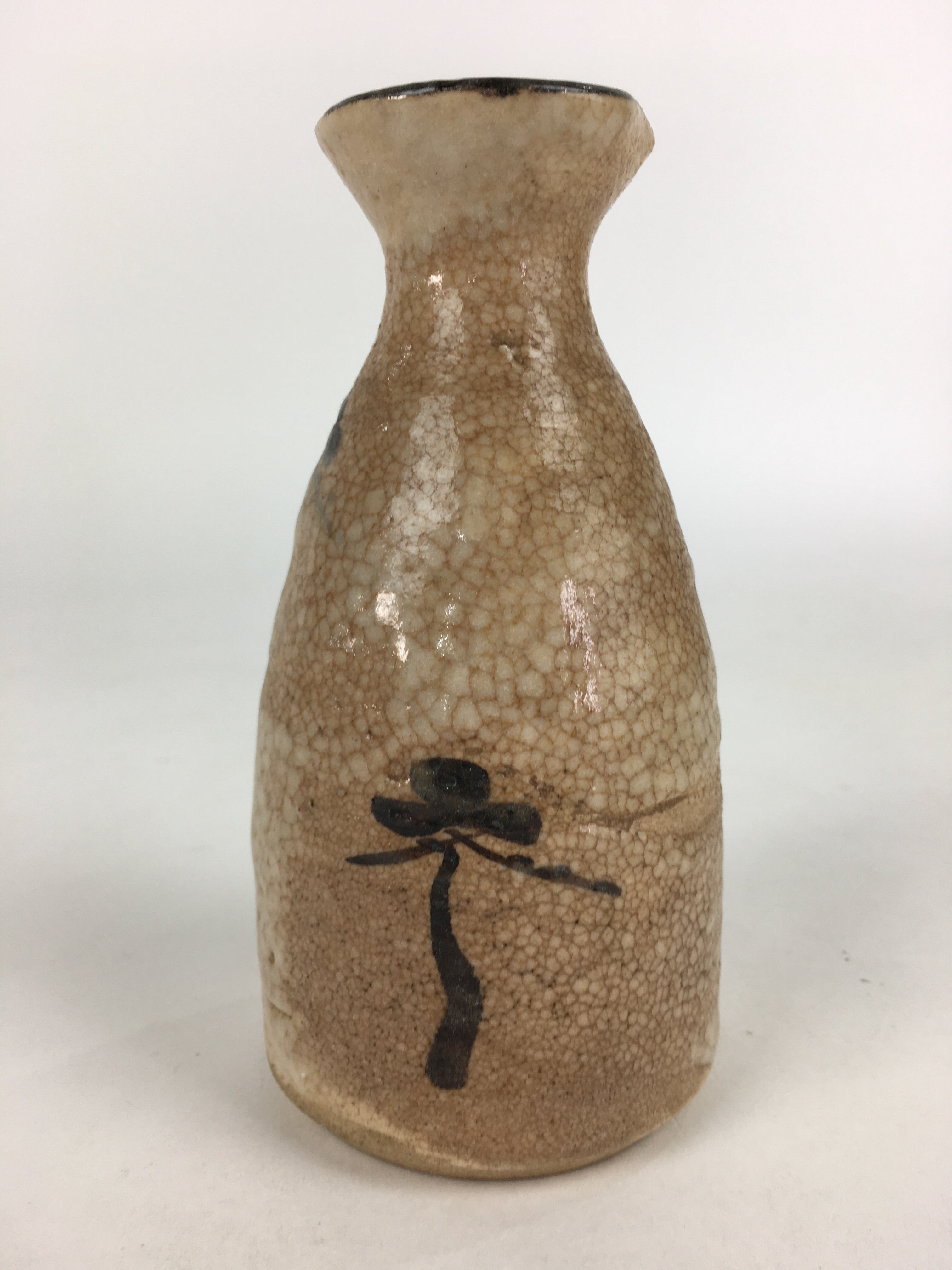 Japanese Ceramic Sake Bottle Vtg Pine Tree Cracked Glaze Tokkuri Brown TS395