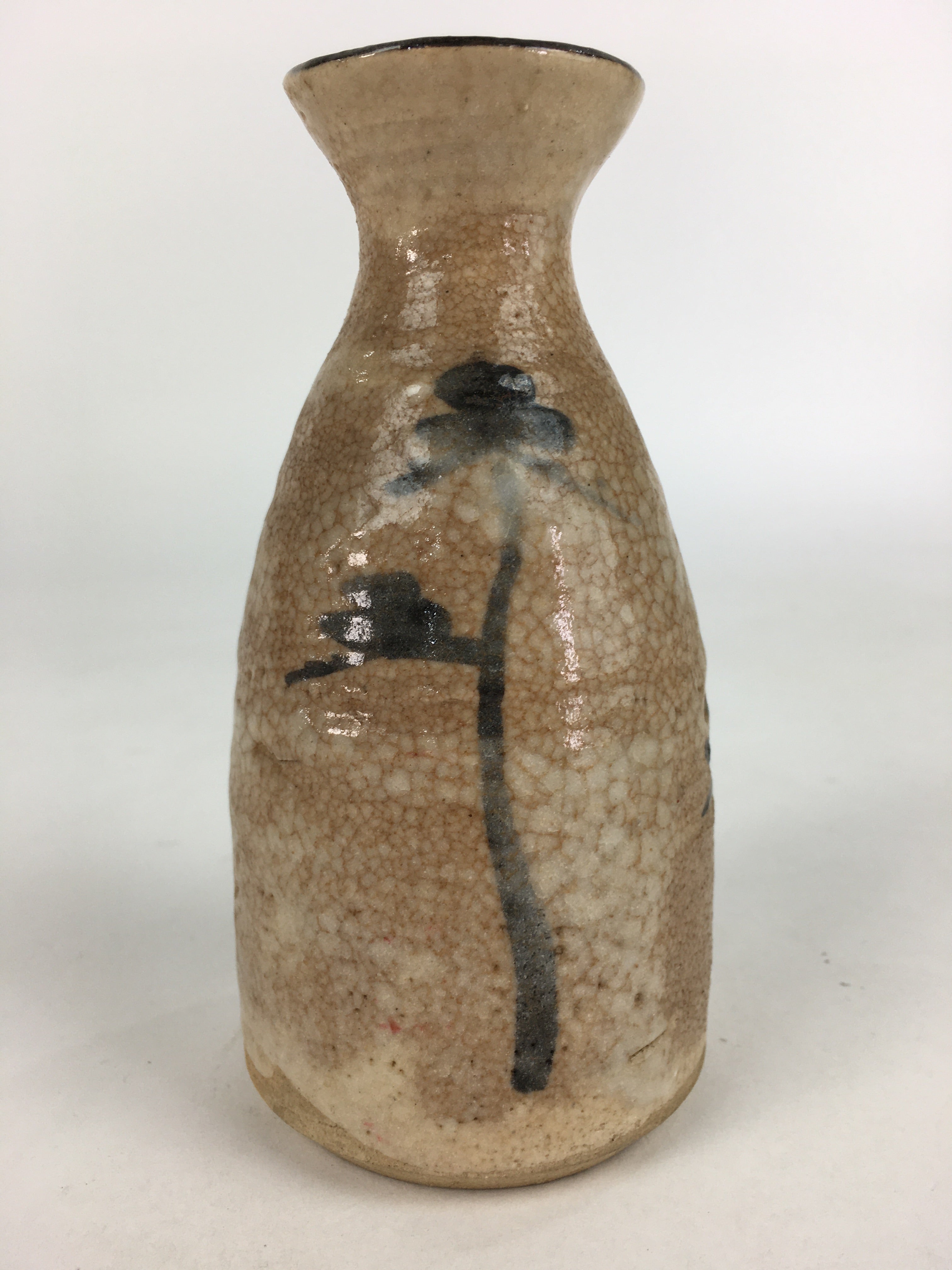Japanese Ceramic Sake Bottle Vtg Pine Tree Cracked Glaze Tokkuri Brown TS395