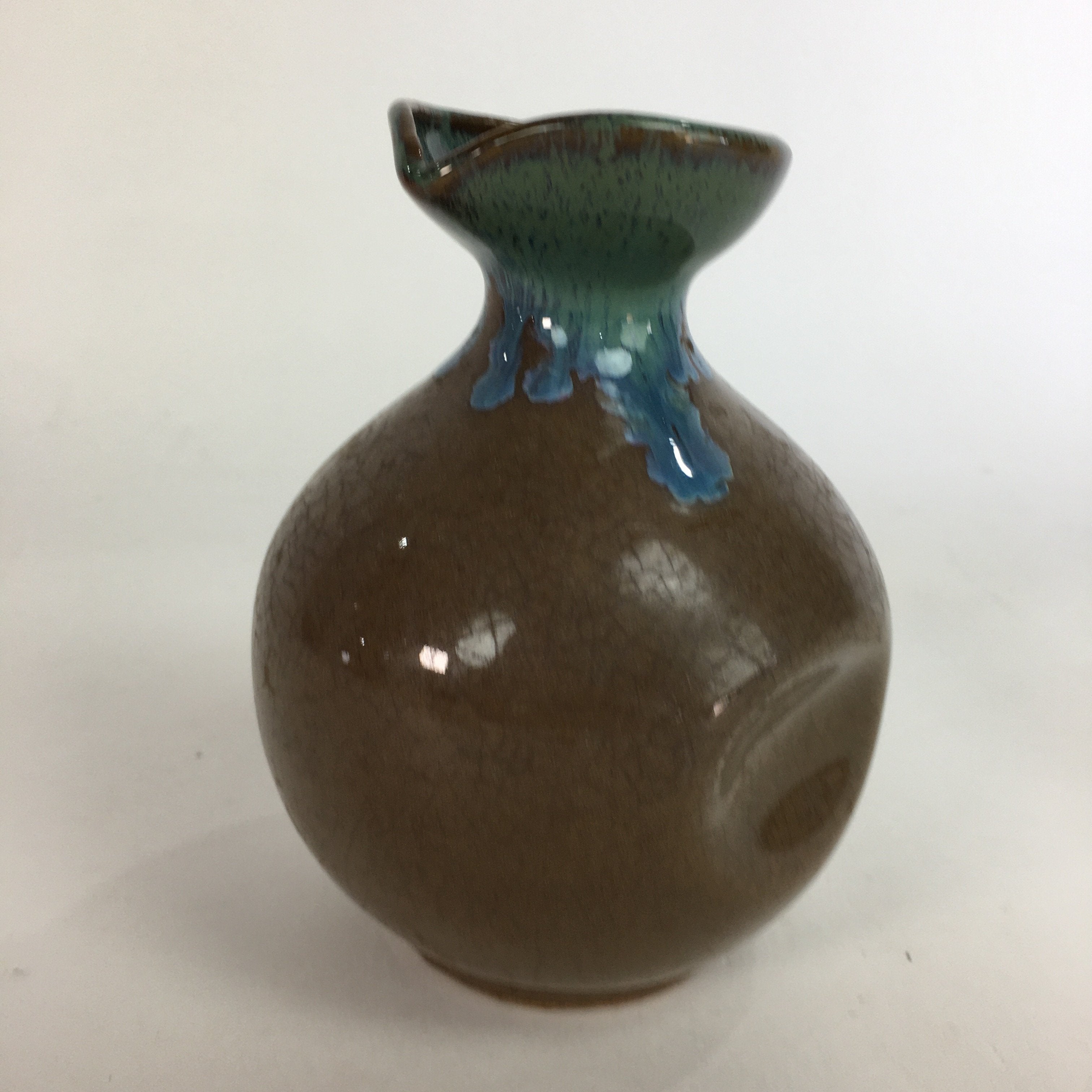 Japanese Ceramic Sake Bottle Vtg Pottery Brown Blue Glaze Tokkuri With Spout TS2