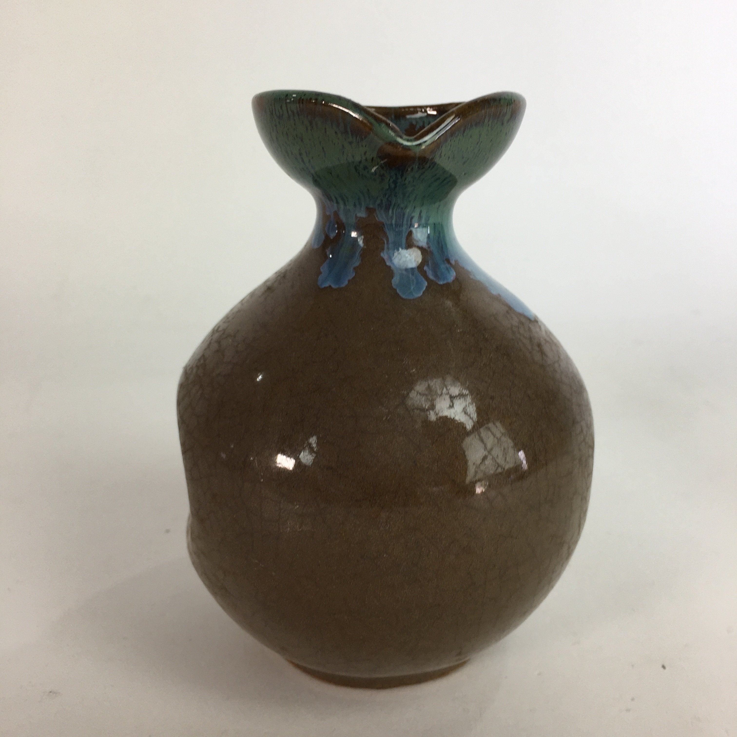 Japanese Ceramic Sake Bottle Vtg Pottery Brown Blue Glaze Tokkuri With Spout TS2