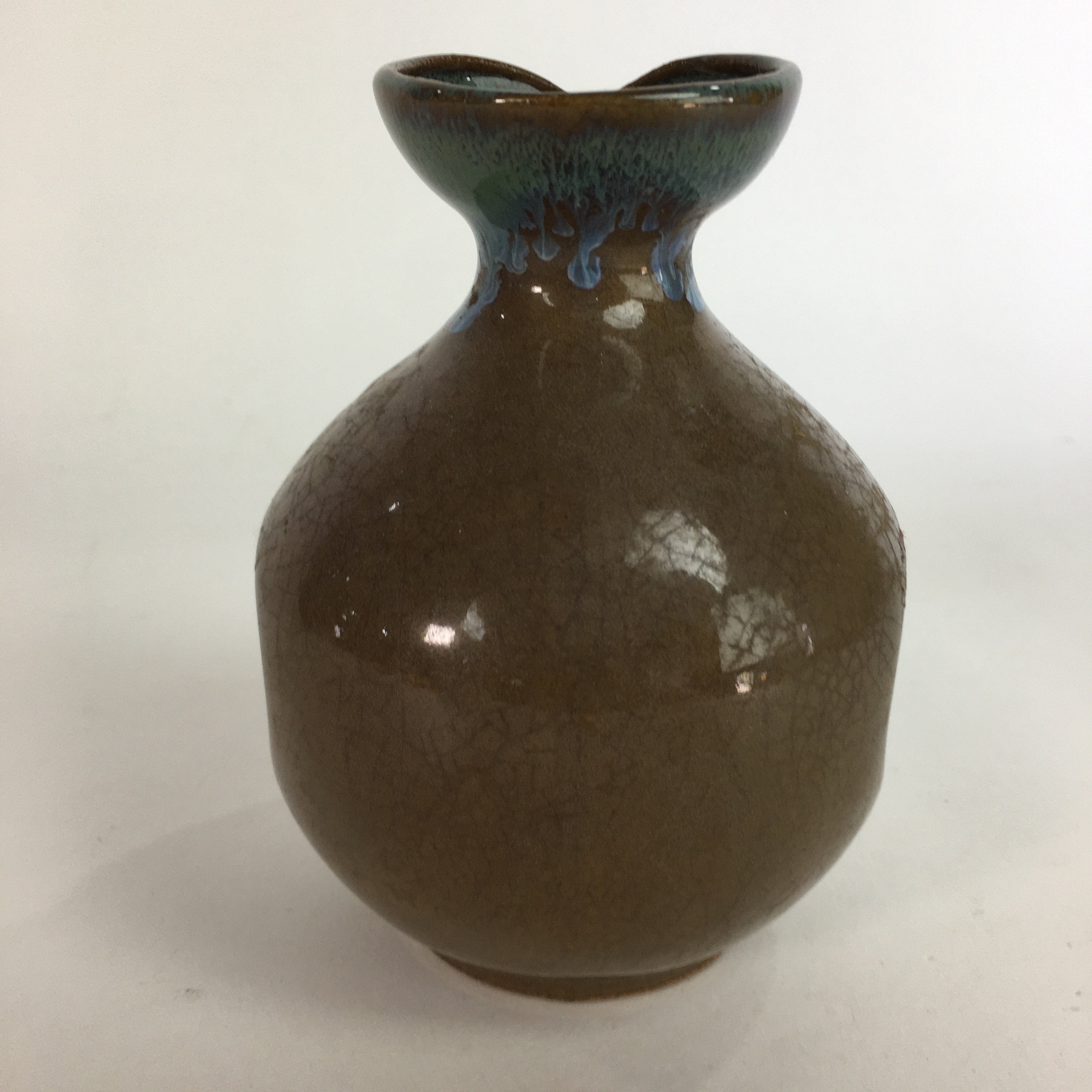 Japanese Ceramic Sake Bottle Vtg Pottery Brown Blue Glaze Tokkuri With Spout TS2