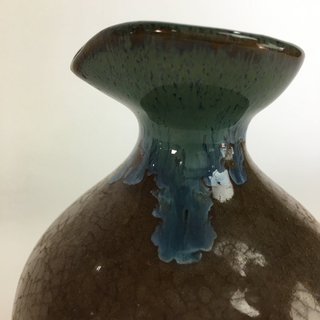 Japanese Ceramic Sake Bottle Vtg Pottery Brown Blue Glaze Tokkuri With Spout TS2
