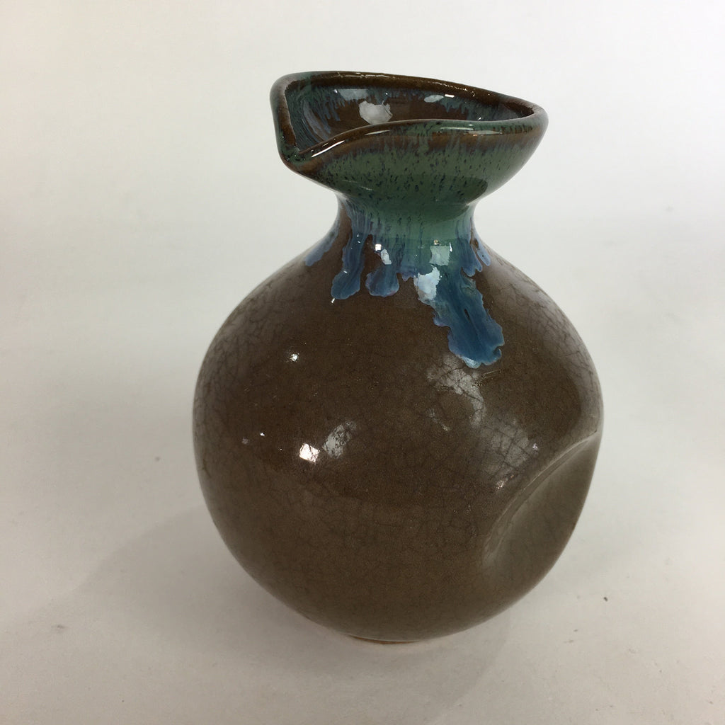 Japanese Ceramic Sake Bottle Vtg Pottery Brown Blue Glaze Tokkuri With Spout TS2