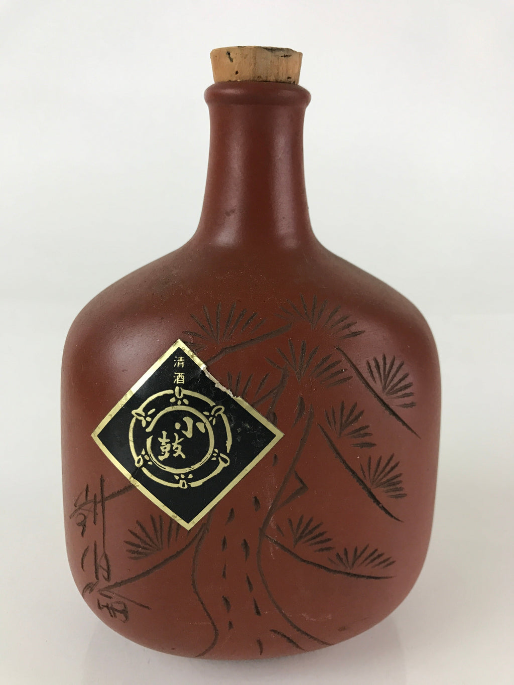 Japanese Ceramic Sake Bottle Vtg Pottery Brown Bottle Pine Tree TS457