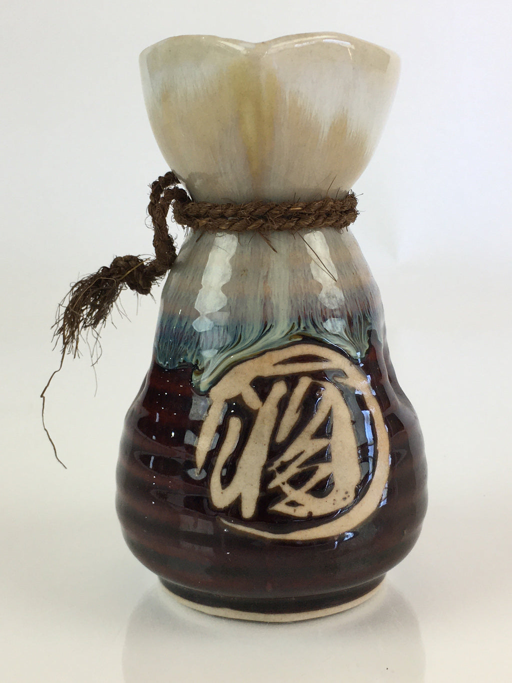 Japanese Ceramic Sake Bottle Vtg Pottery Large Spout Tokkuri Brown TS429
