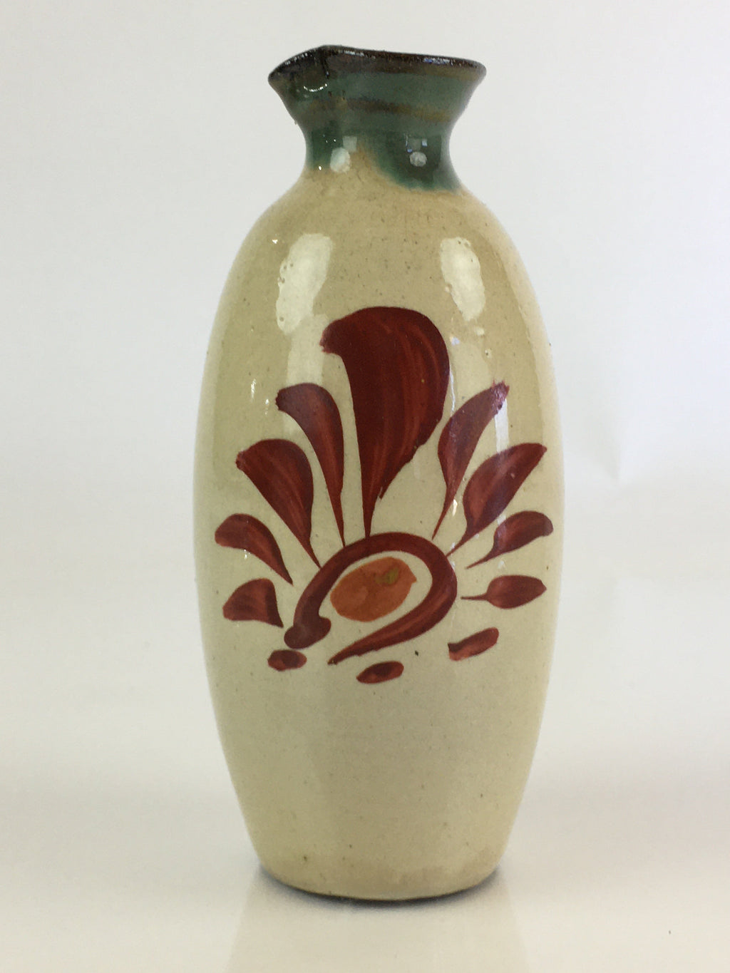 Japanese Ceramic Sake Bottle Vtg Pottery Spout Tokkuri Red Flower TS427