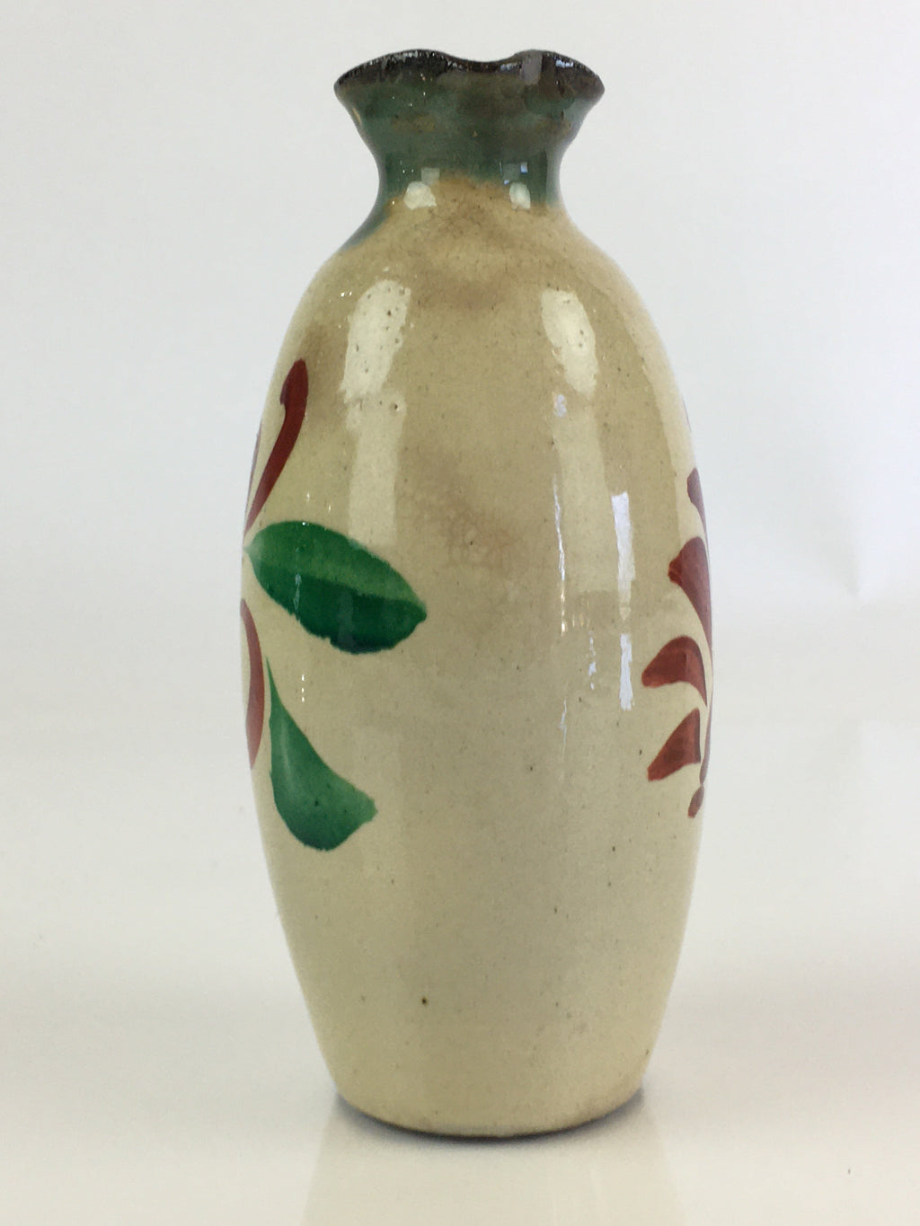 Japanese Ceramic Sake Bottle Vtg Pottery Spout Tokkuri Red Flower TS427