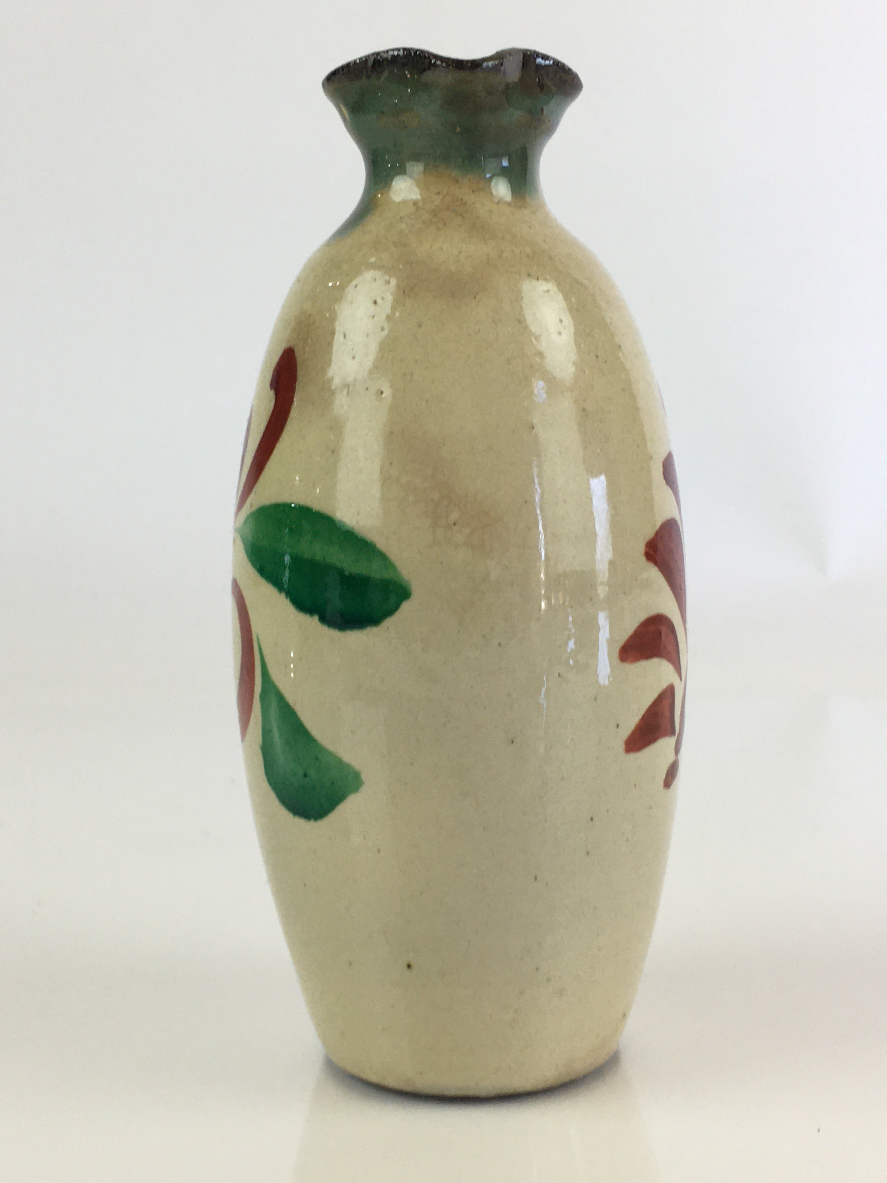 Japanese Ceramic Sake Bottle Vtg Pottery Spout Tokkuri Red Flower TS427