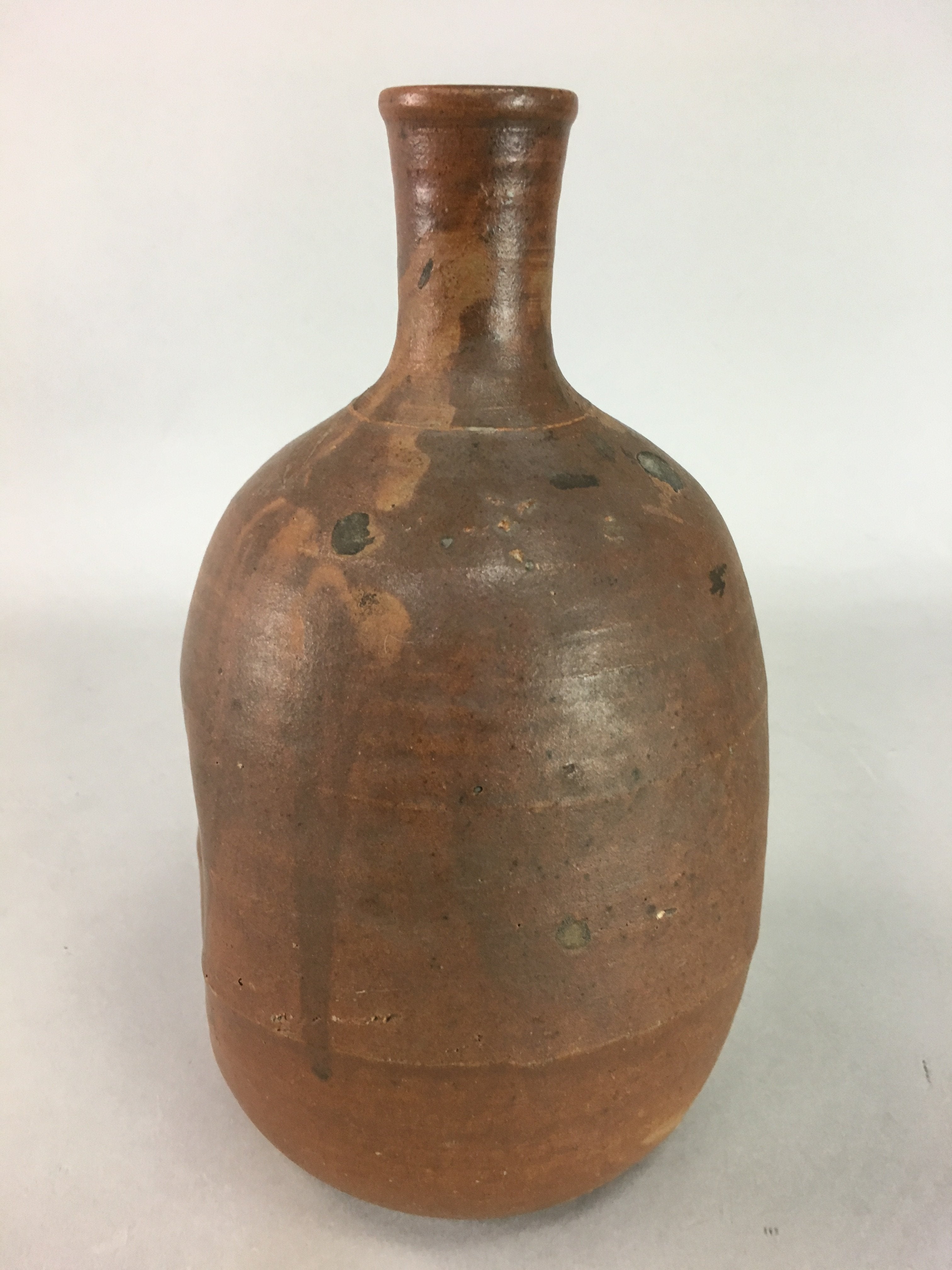 Japanese Ceramic Sake Bottle Vtg Pottery Tokkuri Brown Natural Glaze Dent TS172