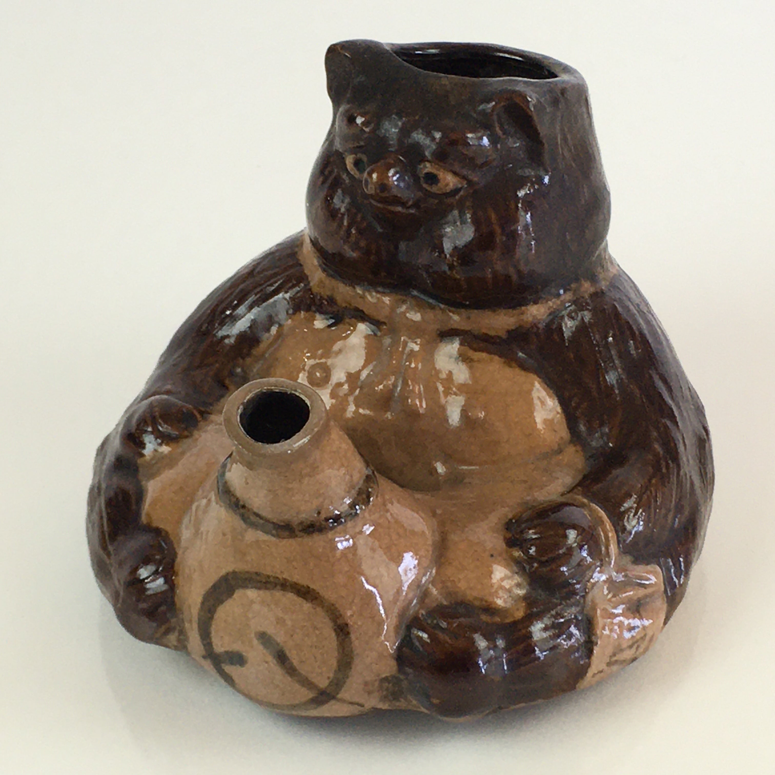 Japanese Ceramic Sake Bottle Vtg Pottery Tokkuri Raccoon Dog Shape TS438