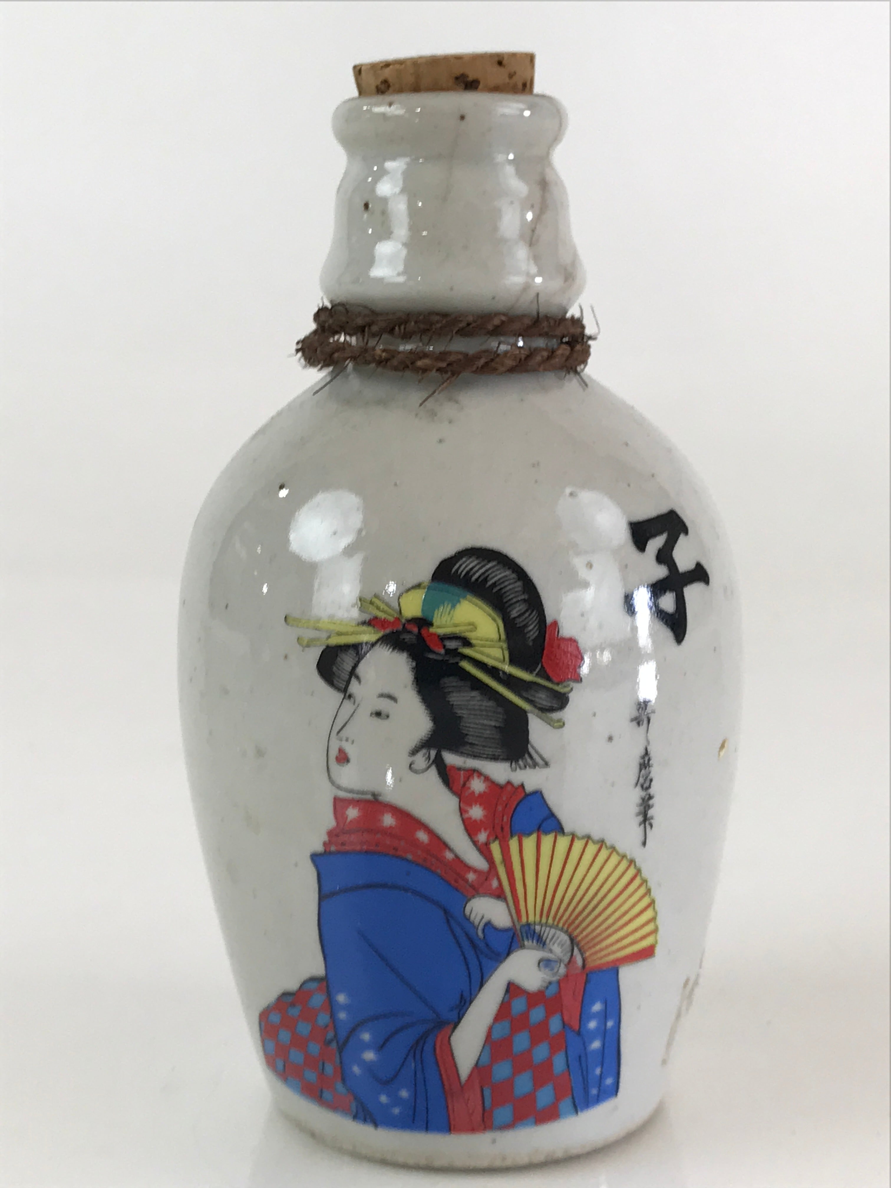 Japanese Ceramic Sake Bottle Vtg Pottery Ukiyo-e Tokkuri Gray TS469