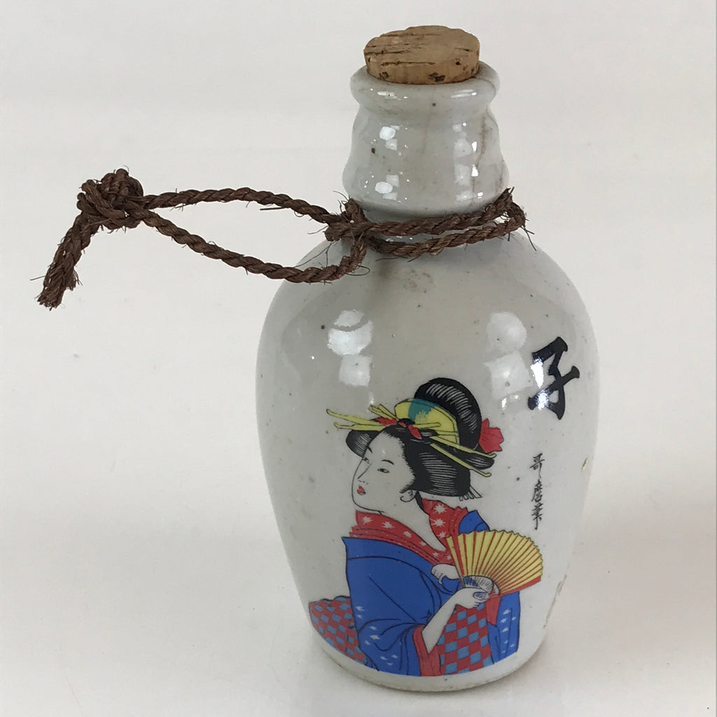 Japanese Ceramic Sake Bottle Vtg Pottery Ukiyo-e Tokkuri Gray TS469