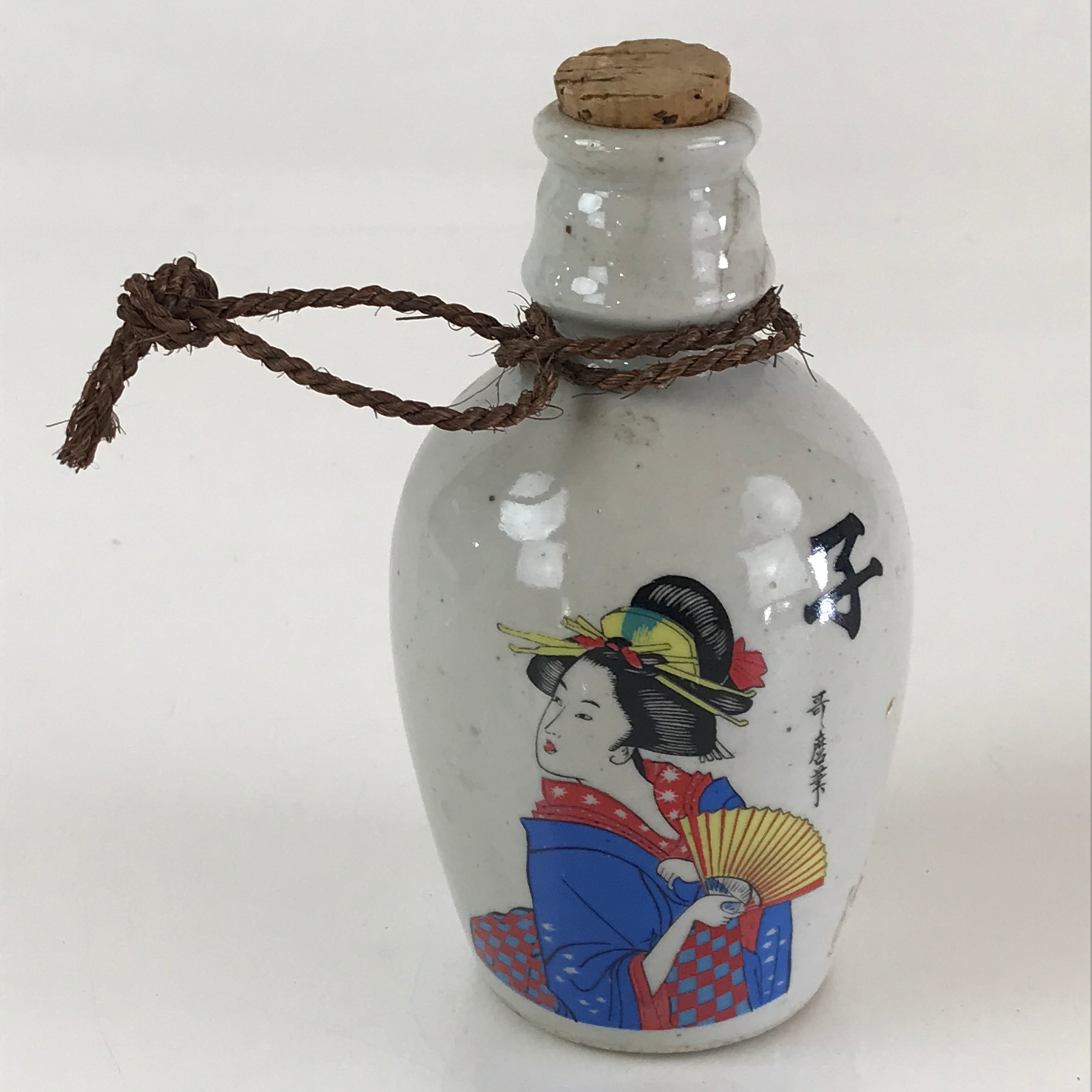 Japanese Ceramic Sake Bottle Vtg Pottery Ukiyo-e Tokkuri Gray TS469