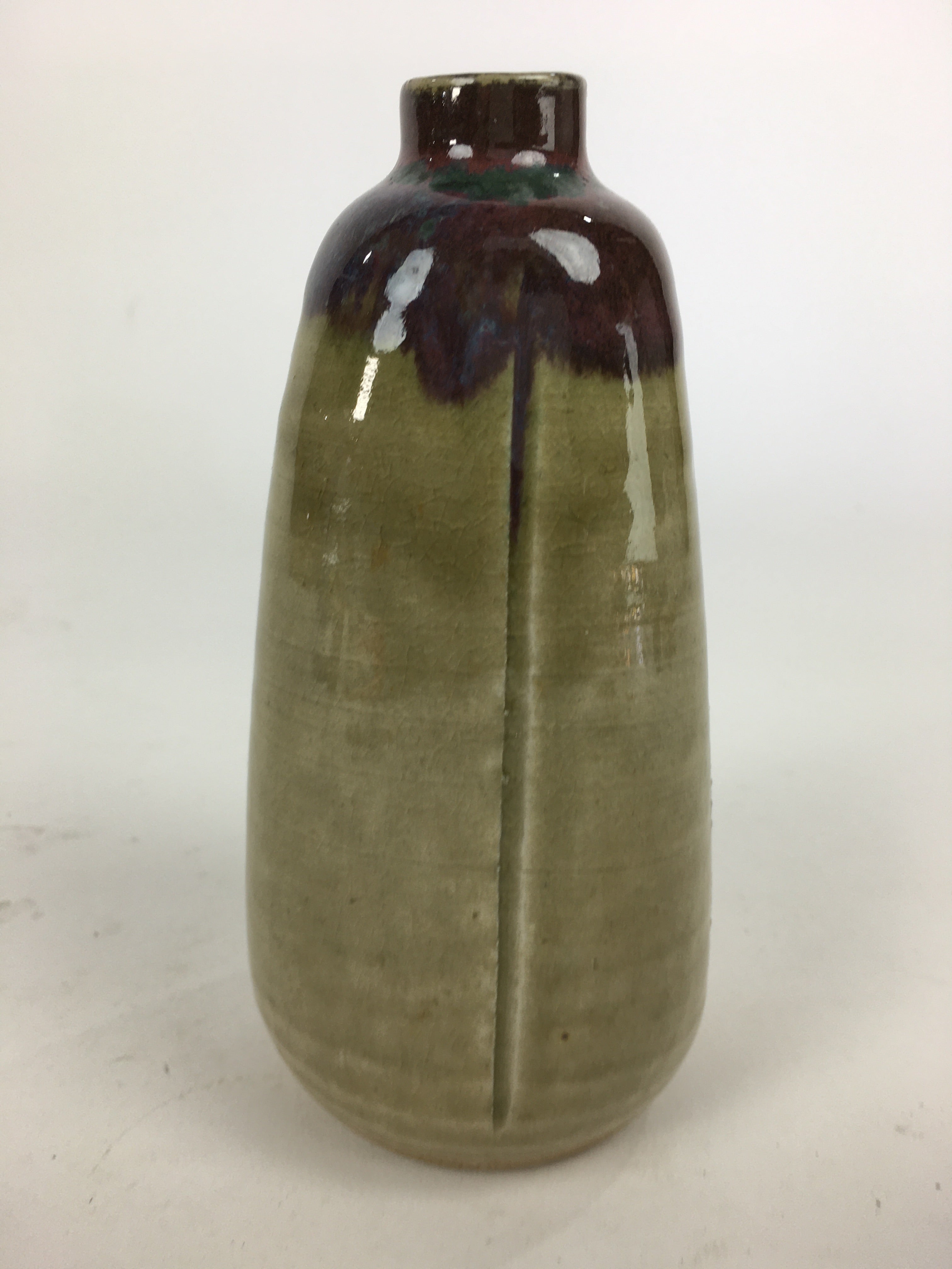 Japanese Ceramic Sake Bottle Vtg Pottery Yakimono Brown Poetry Tokkuri TS321