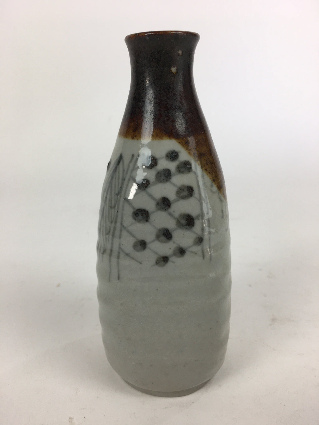 Japanese Ceramic Sake Bottle Vtg Pottery Yakimono Gray Poetry Tokkuri TS322