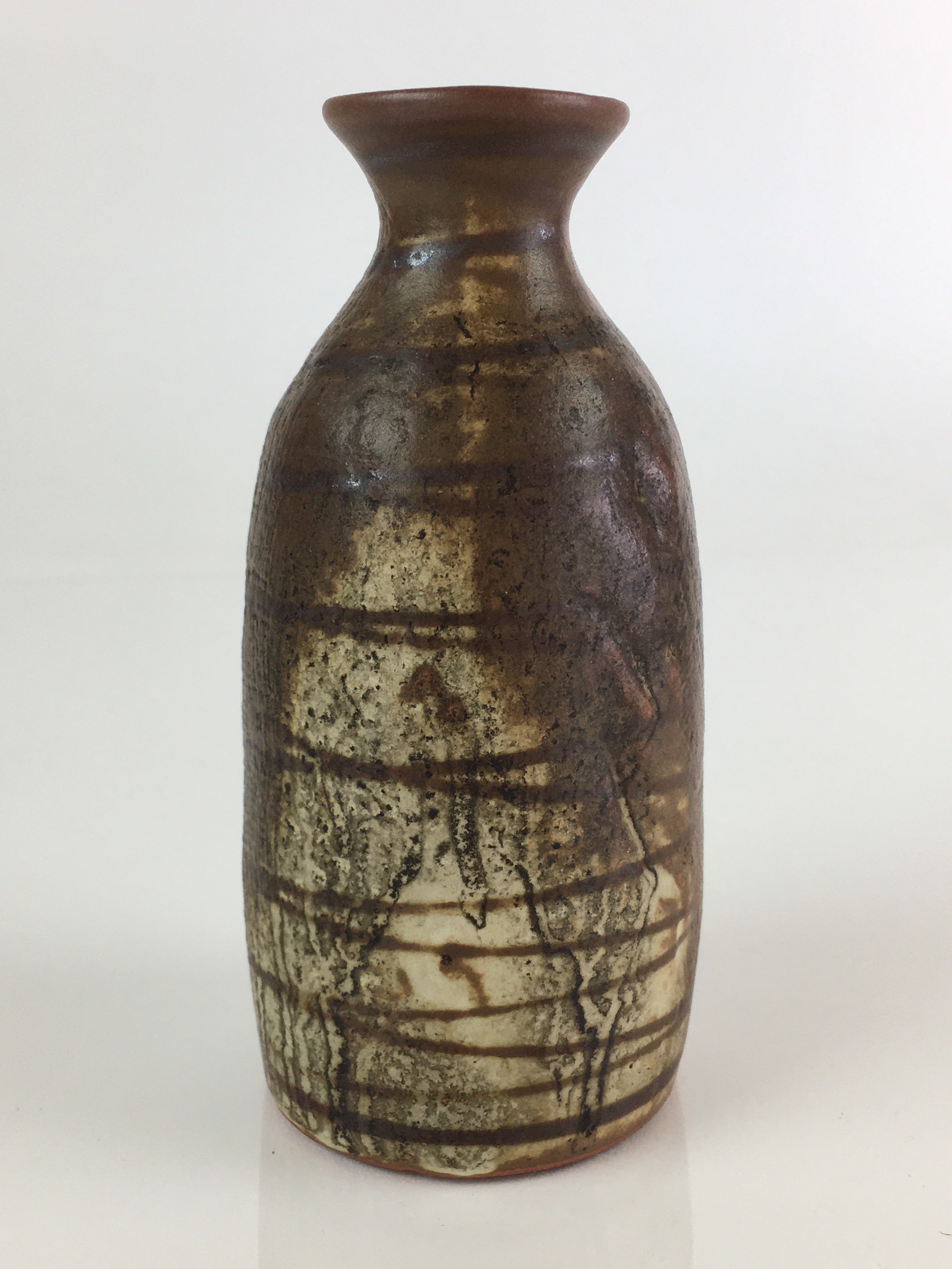Japanese Ceramic Sake Bottle Vtg Pottery Yakimono Tokkuri Brown TS439
