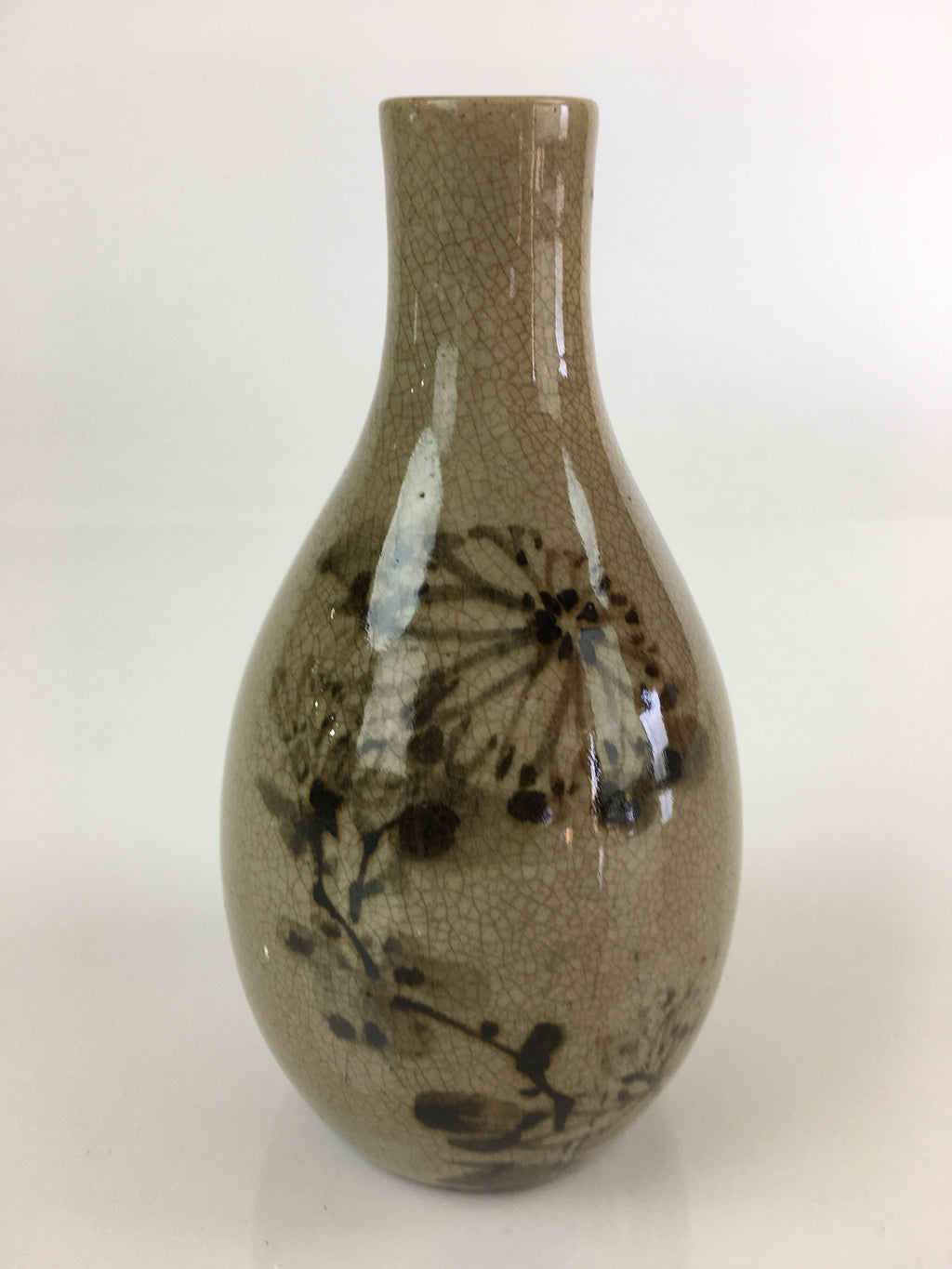 Japanese Ceramic Sake Bottle Vtg Pottery Yakimono Tokkuri Flower TS440