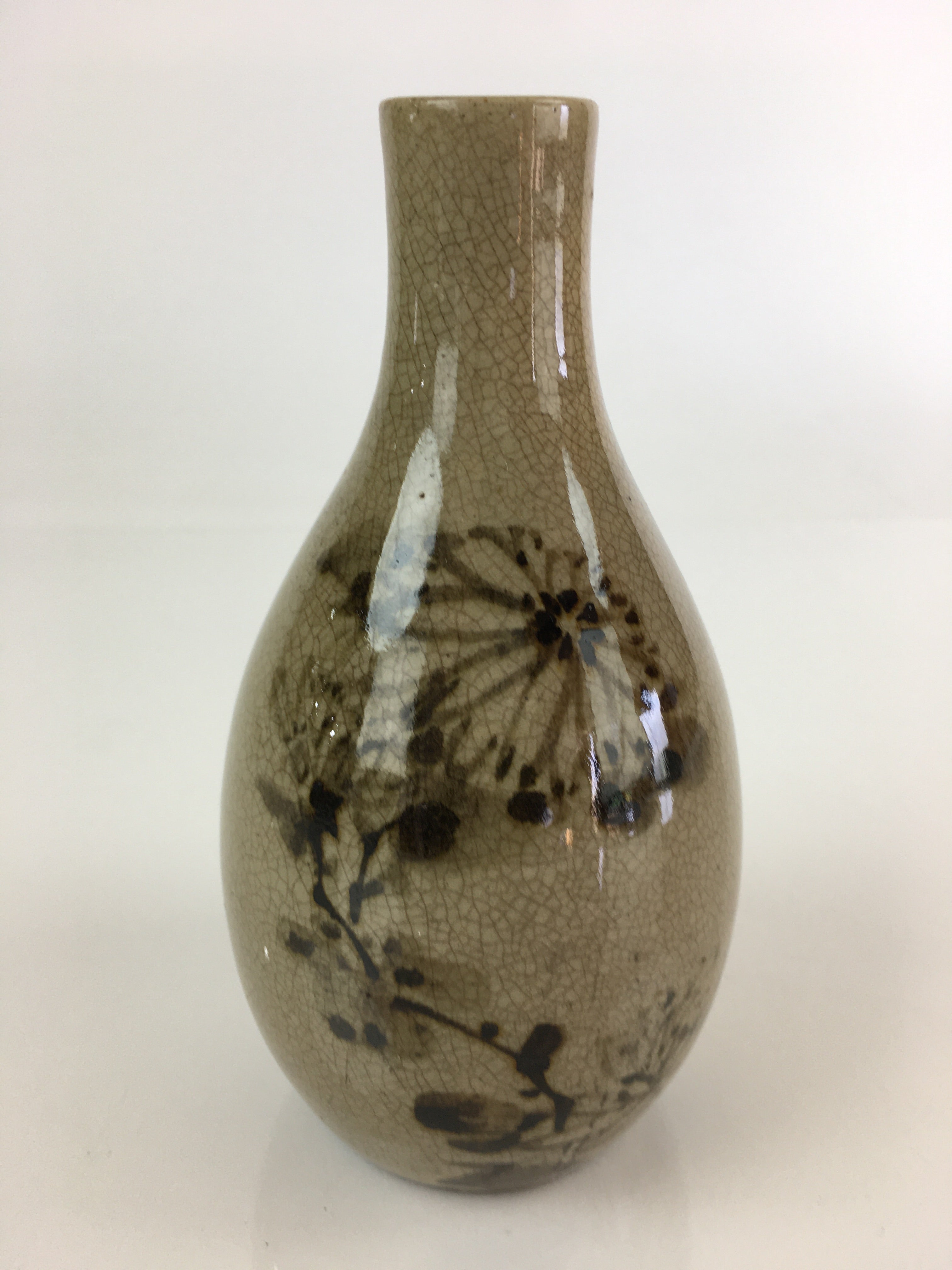 Japanese Ceramic Sake Bottle Vtg Pottery Yakimono Tokkuri Flower TS440