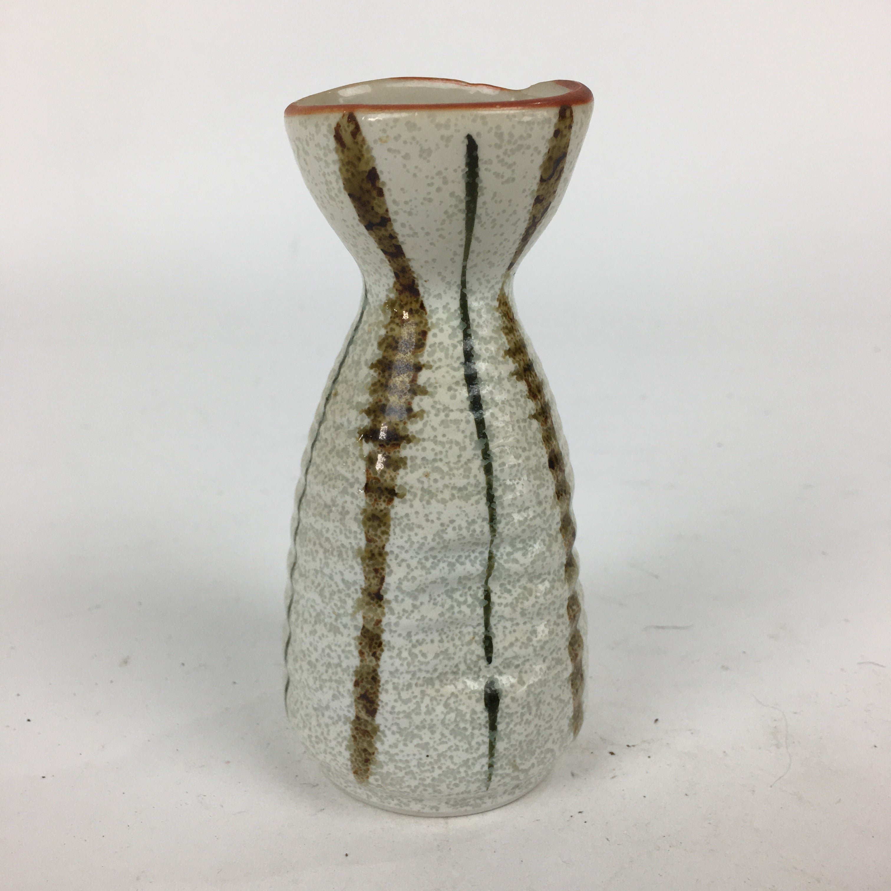 Japanese Ceramic Sake Bottle Vtg Pottery Yakimono Vertical Lines Tokkuri TS342