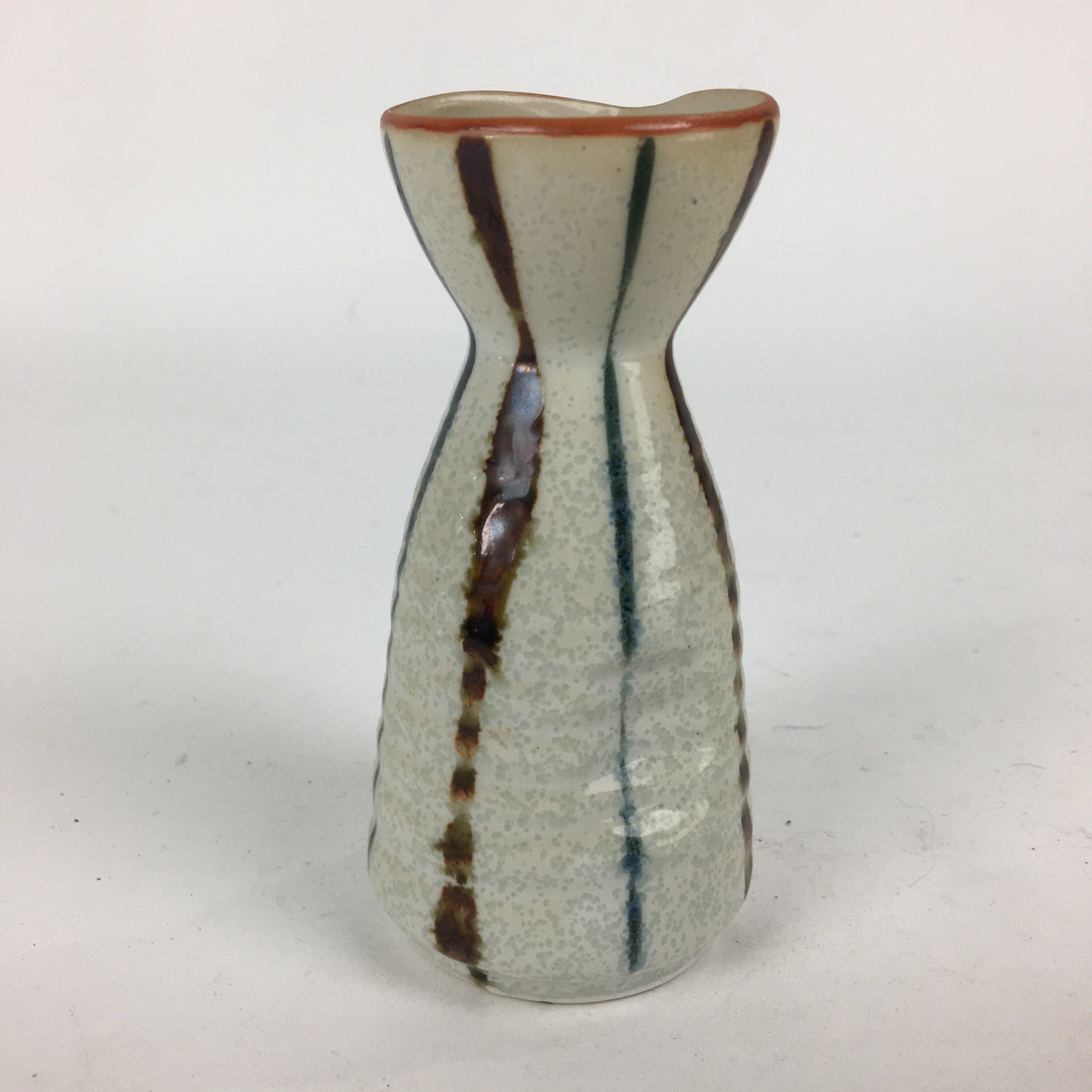 Japanese Ceramic Sake Bottle Vtg Pottery Yakimono Vertical Lines Tokkuri TS343