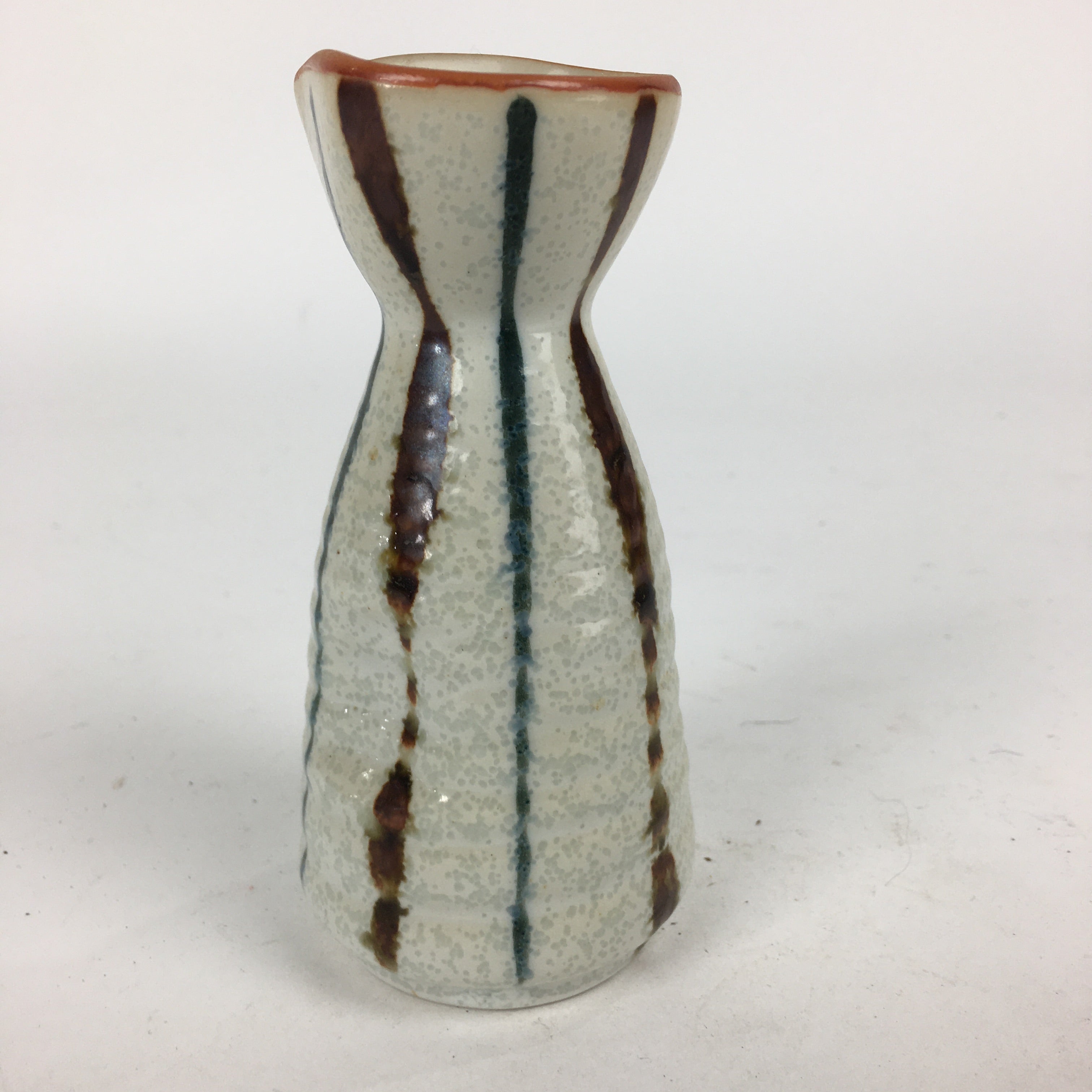 Japanese Ceramic Sake Bottle Vtg Pottery Yakimono Vertical Lines Tokkuri TS343