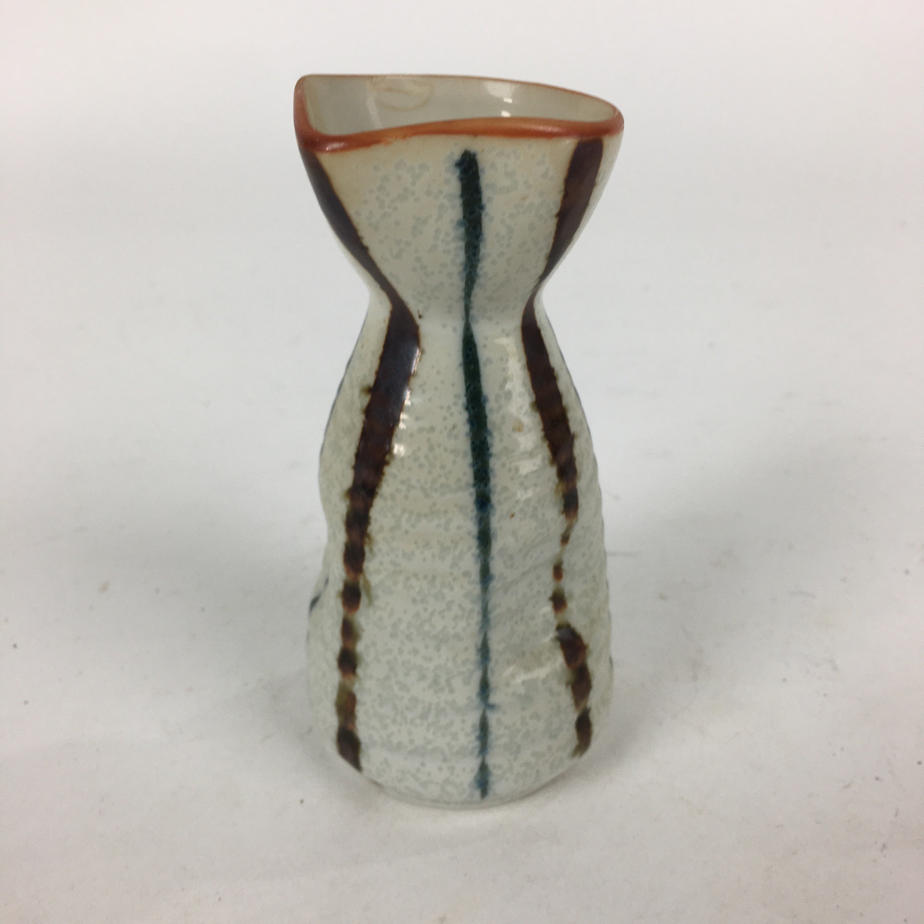 Japanese Ceramic Sake Bottle Vtg Pottery Yakimono Vertical Lines Tokkuri TS343