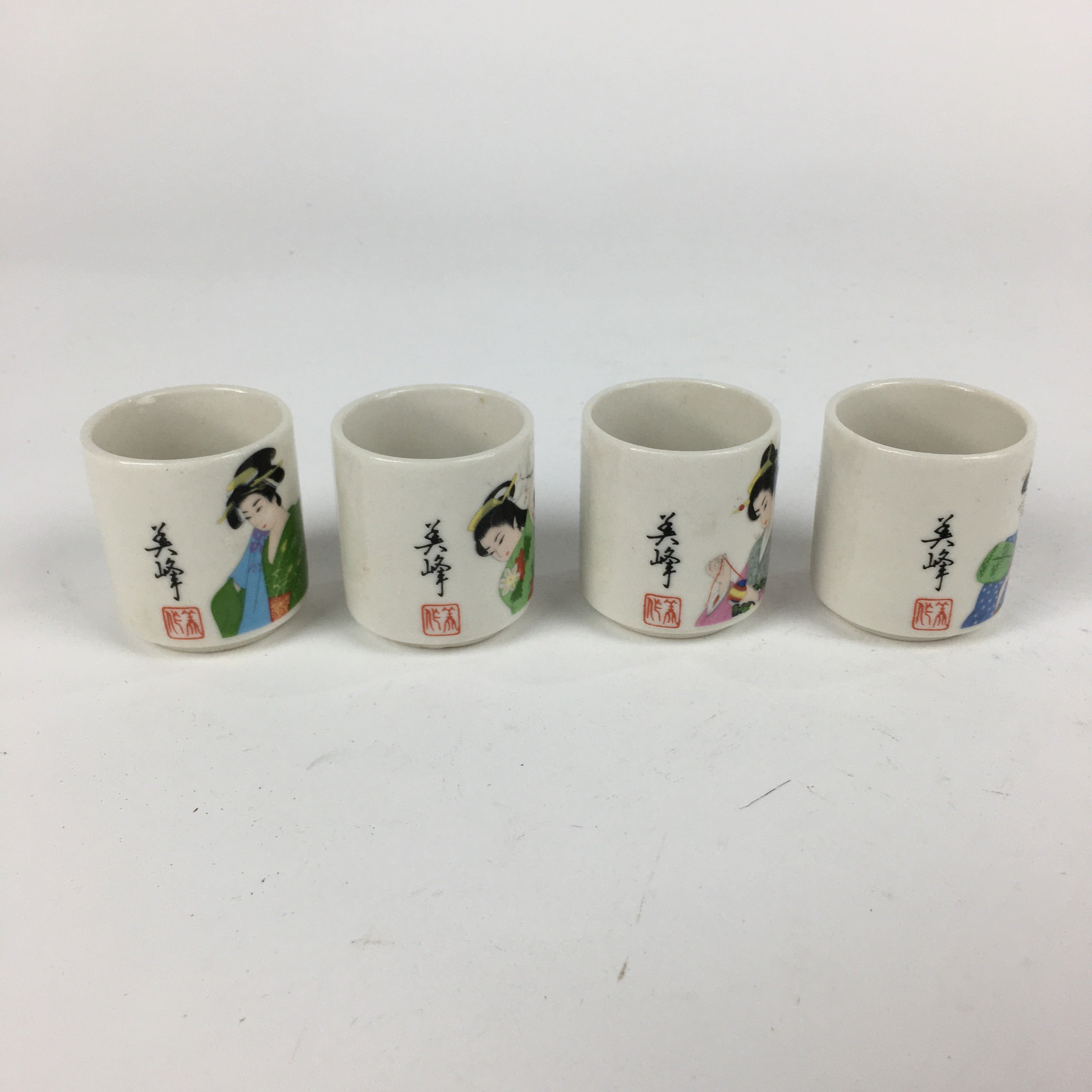 Japanese Ceramic Sake Cup 4pc Set Vtg Boxed Miho Ochiko Guinomi PX593