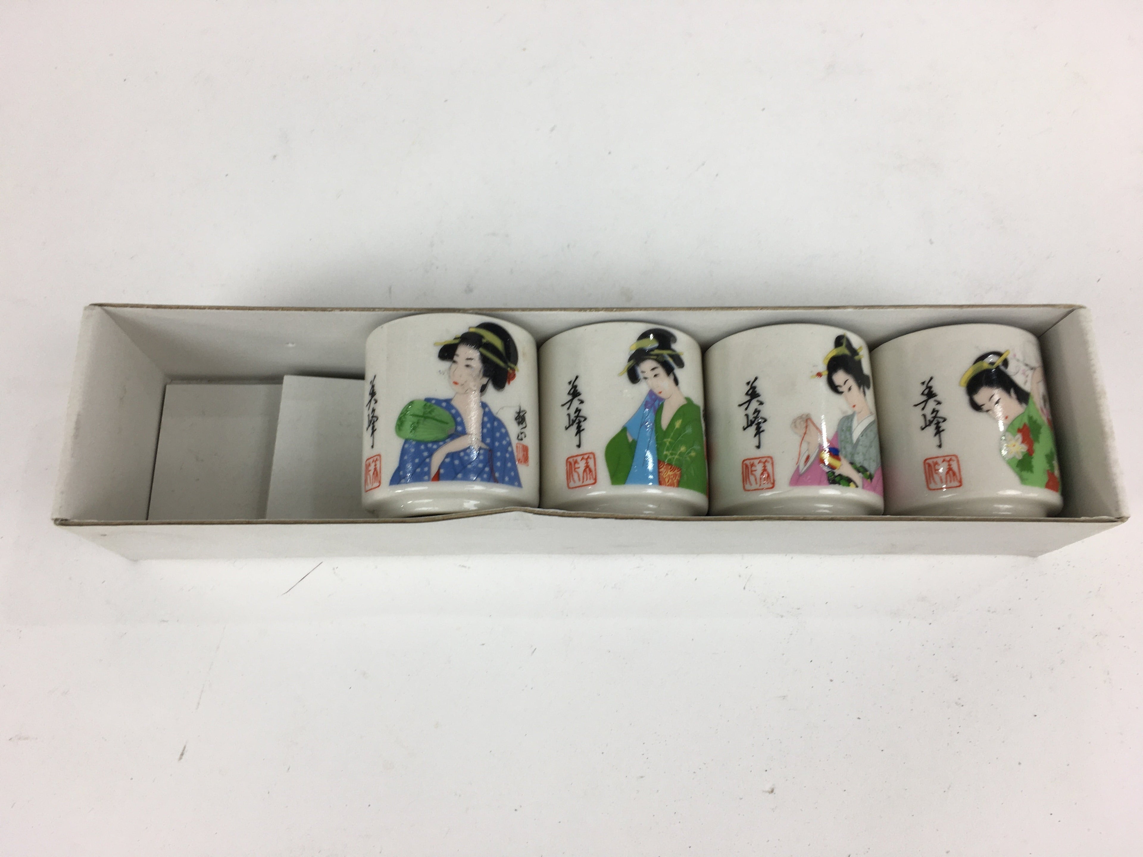 Japanese Ceramic Sake Cup 4pc Set Vtg Boxed Miho Ochiko Guinomi PX593
