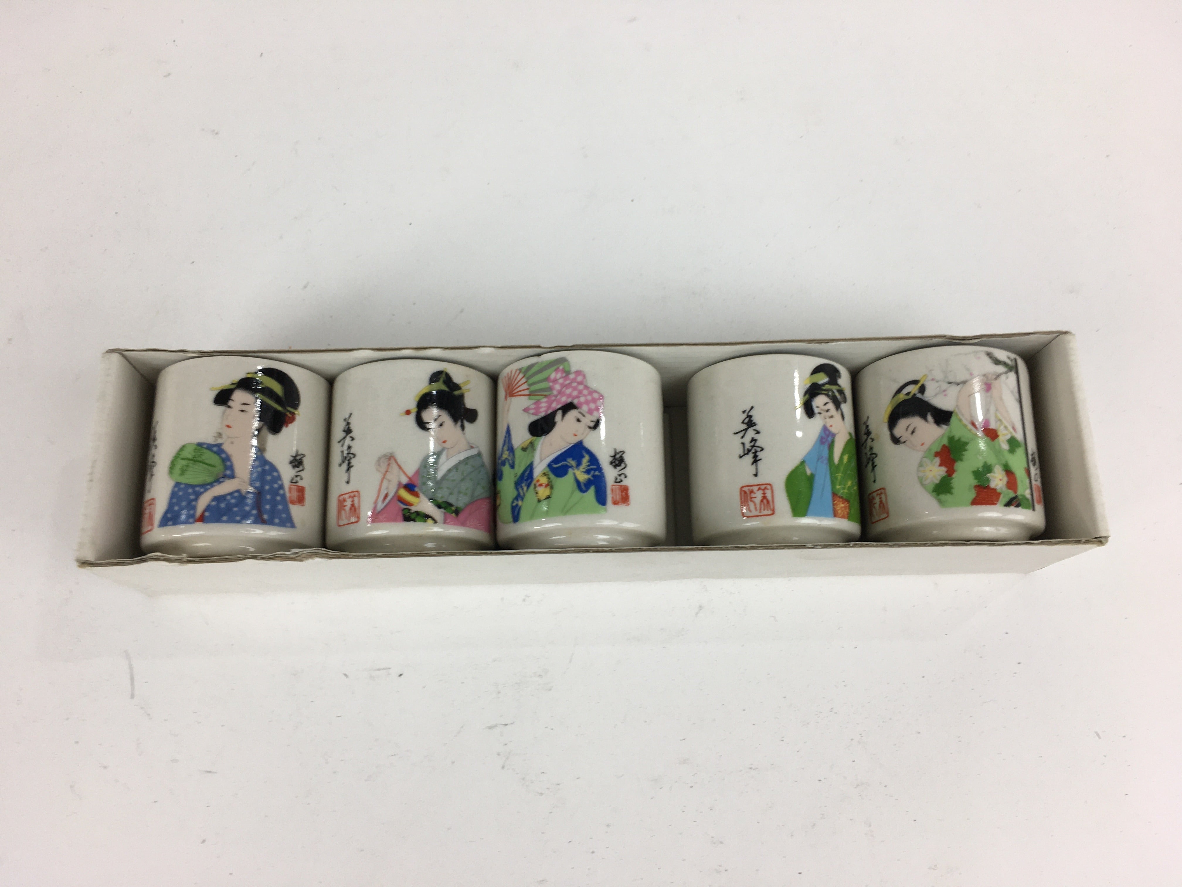 Japanese Ceramic Sake Cup 5pc Set Vtg Boxed Miho Ochiko Guinomi PX592