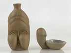 Japanese Ceramic Sake Cup And Bottle Set Vtg Guinomi Tokkuri Brown PX645