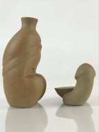Japanese Ceramic Sake Cup And Bottle Set Vtg Guinomi Tokkuri Brown PX645