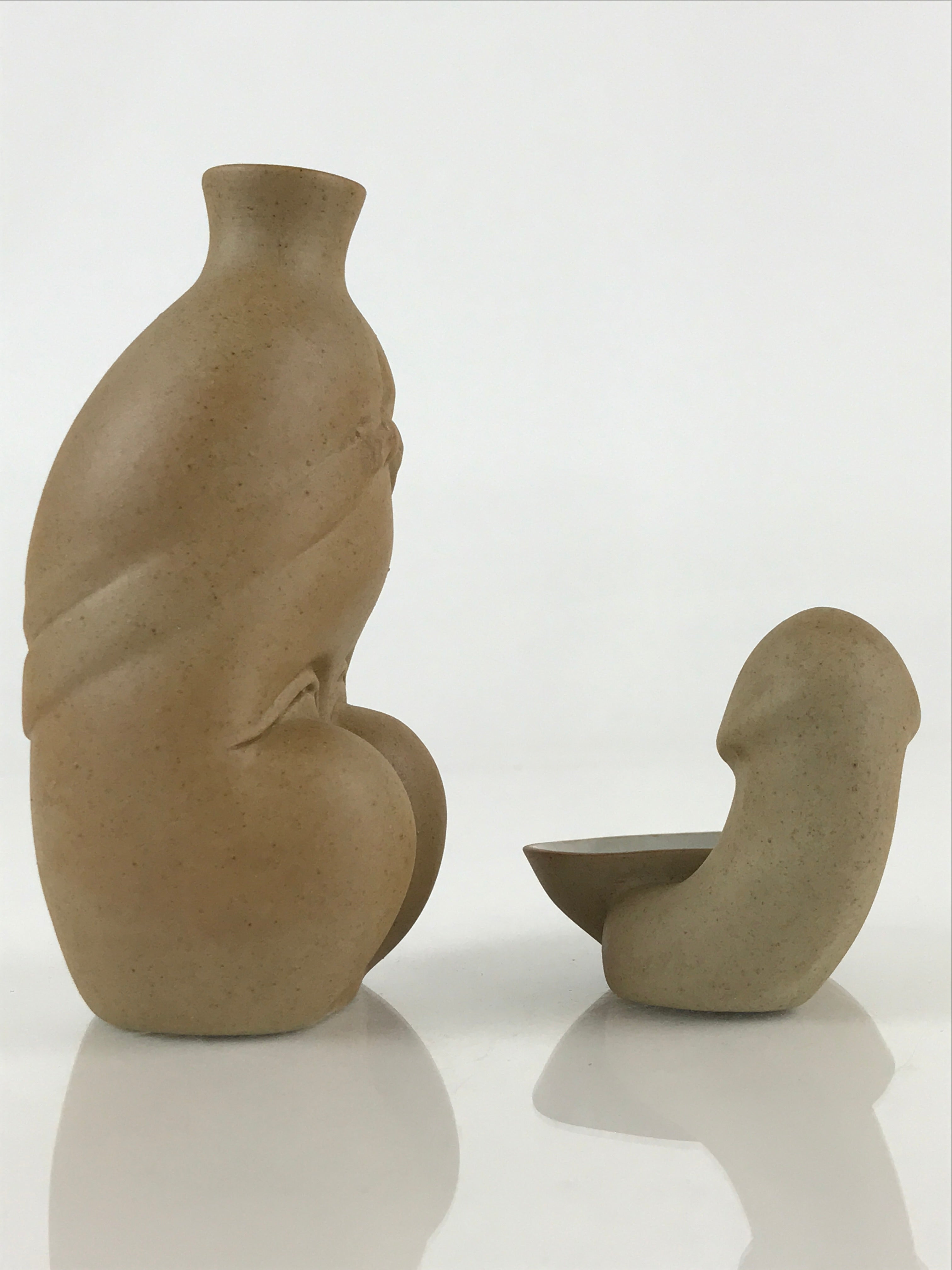 Japanese Ceramic Sake Cup And Bottle Set Vtg Guinomi Tokkuri Brown PX645