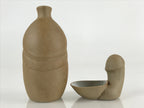 Japanese Ceramic Sake Cup And Bottle Set Vtg Guinomi Tokkuri Brown PX645