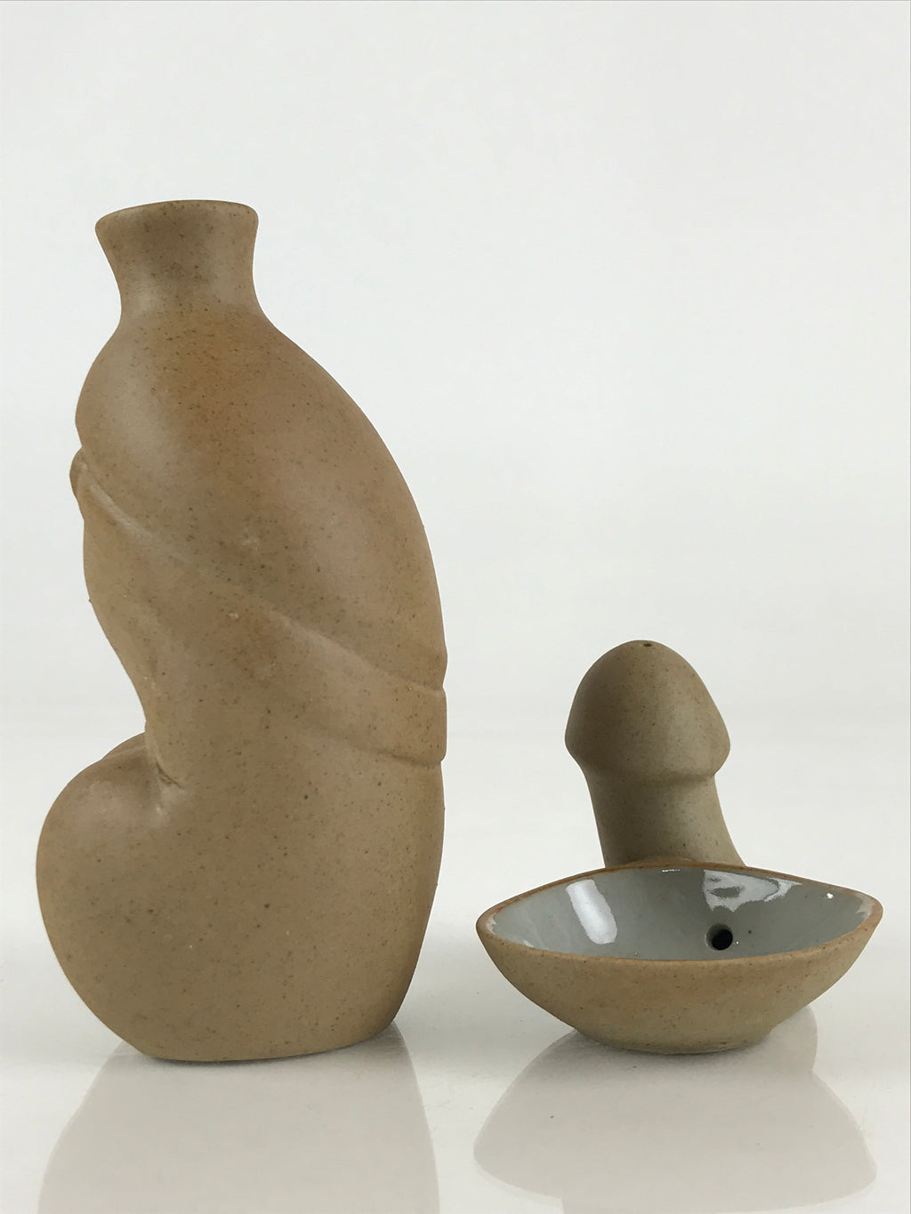 Japanese Ceramic Sake Cup And Bottle Set Vtg Guinomi Tokkuri Brown PX645
