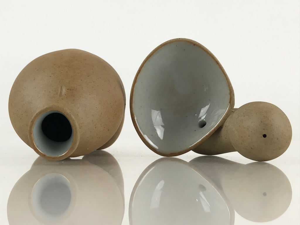 Japanese Ceramic Sake Cup And Bottle Set Vtg Guinomi Tokkuri Brown PX645