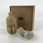 Japanese Ceramic Sake Cup And Bottle Set Vtg Guinomi Tokkuri Brown PX645