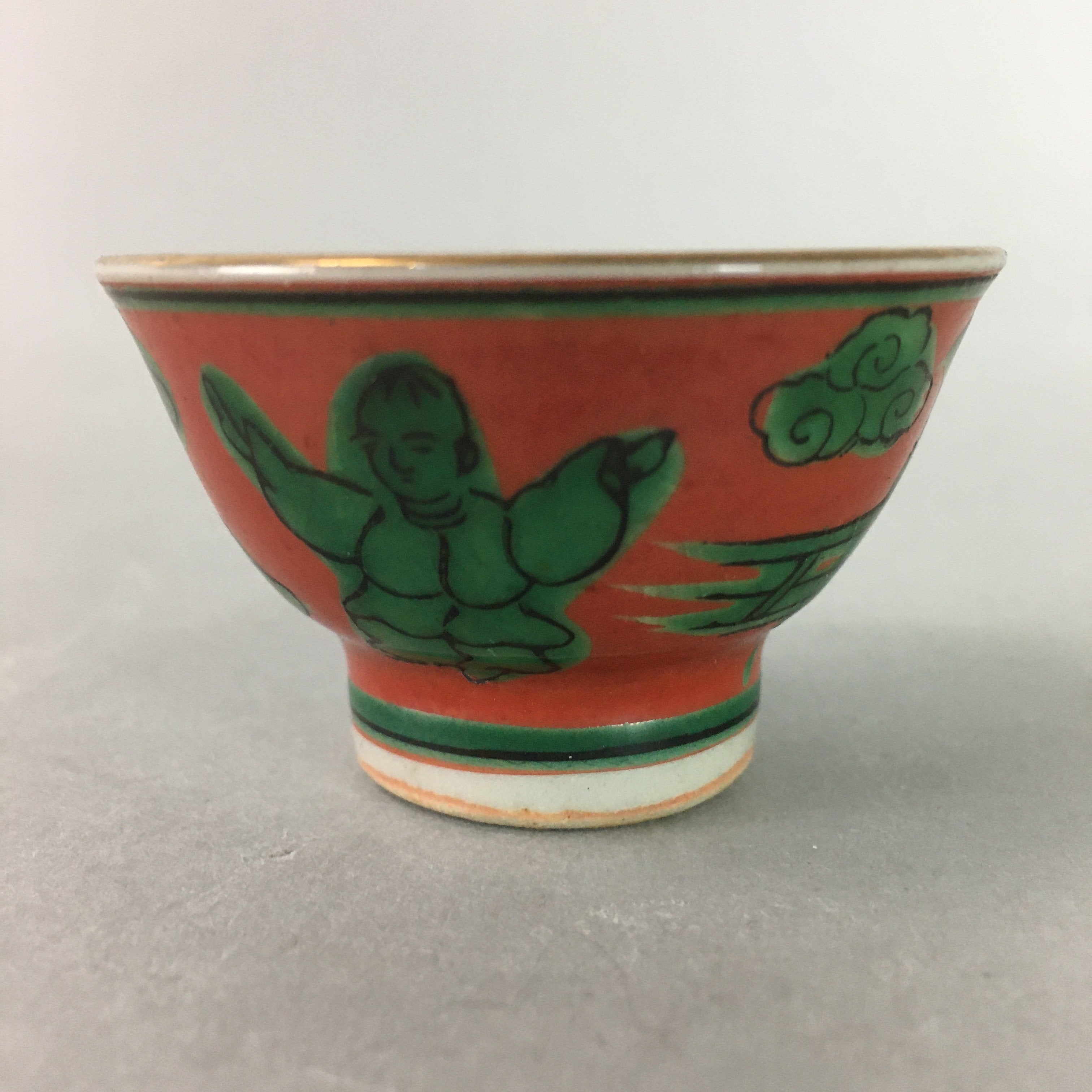 Japanese Ceramic Sake Cup Guinomi Sakazuki Kutani Vtg Pottery Red Green GU660