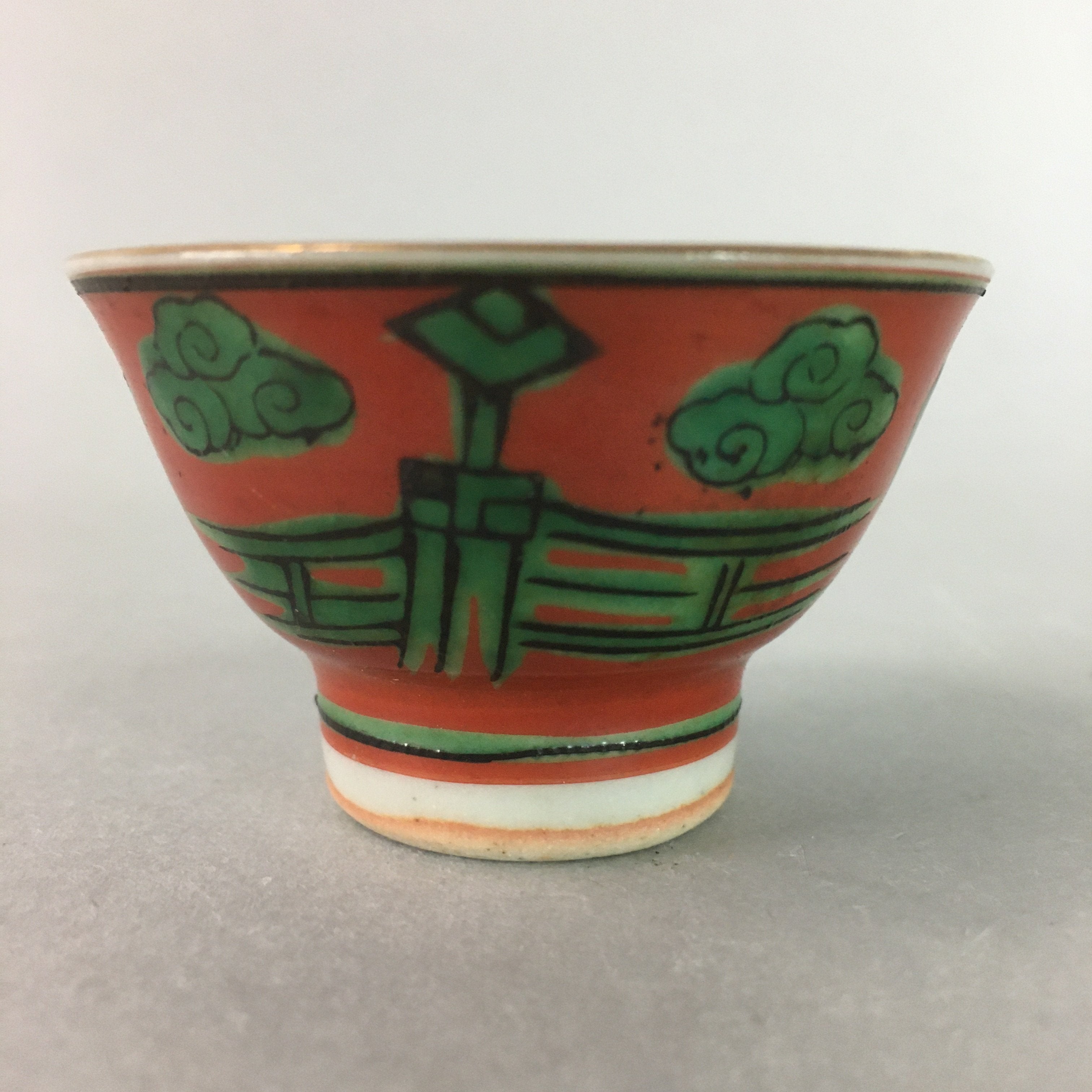 Japanese Ceramic Sake Cup Guinomi Sakazuki Kutani Vtg Pottery Red Green GU662