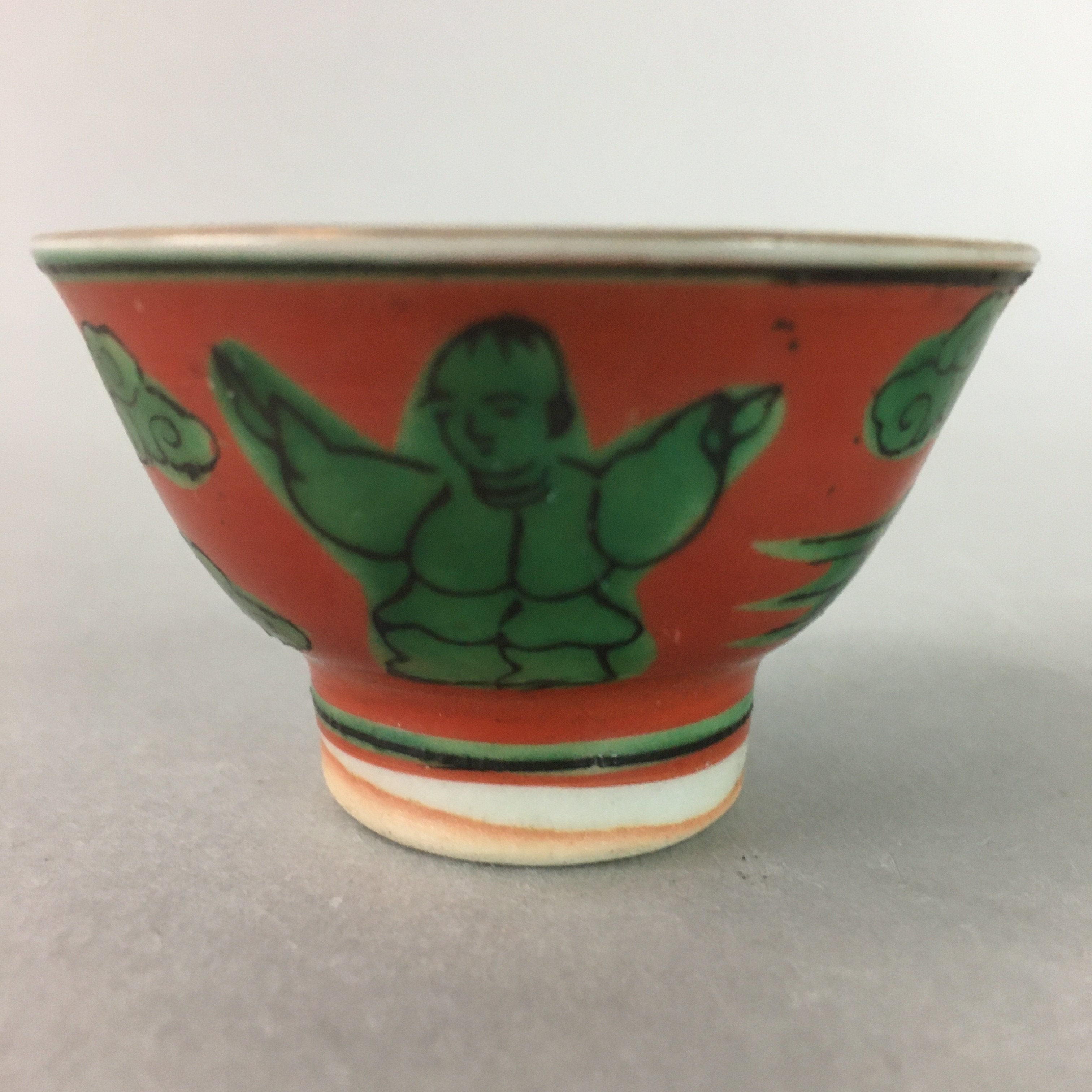 Japanese Ceramic Sake Cup Guinomi Sakazuki Kutani Vtg Pottery Red Green GU662