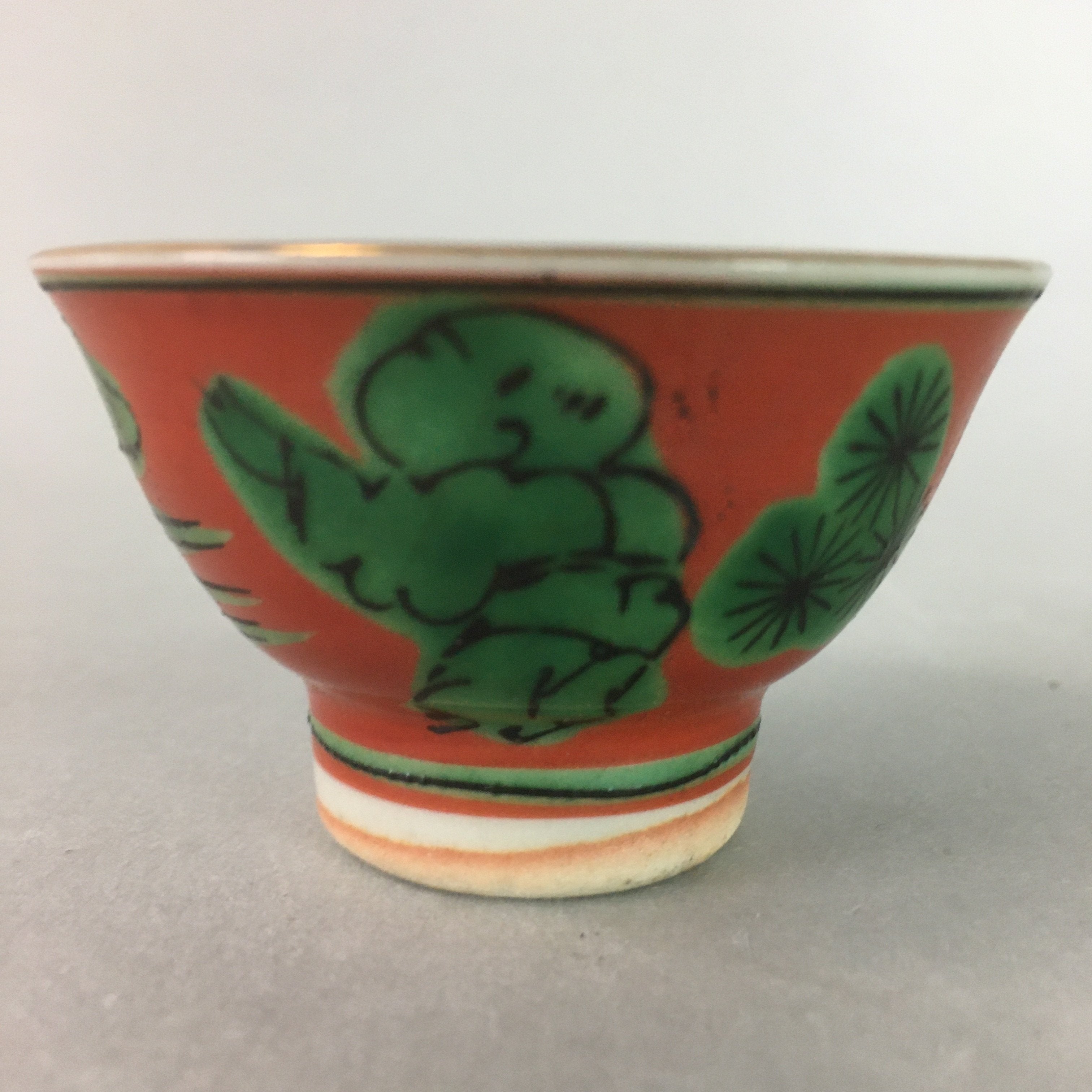 Japanese Ceramic Sake Cup Guinomi Sakazuki Kutani Vtg Pottery Red Green GU662