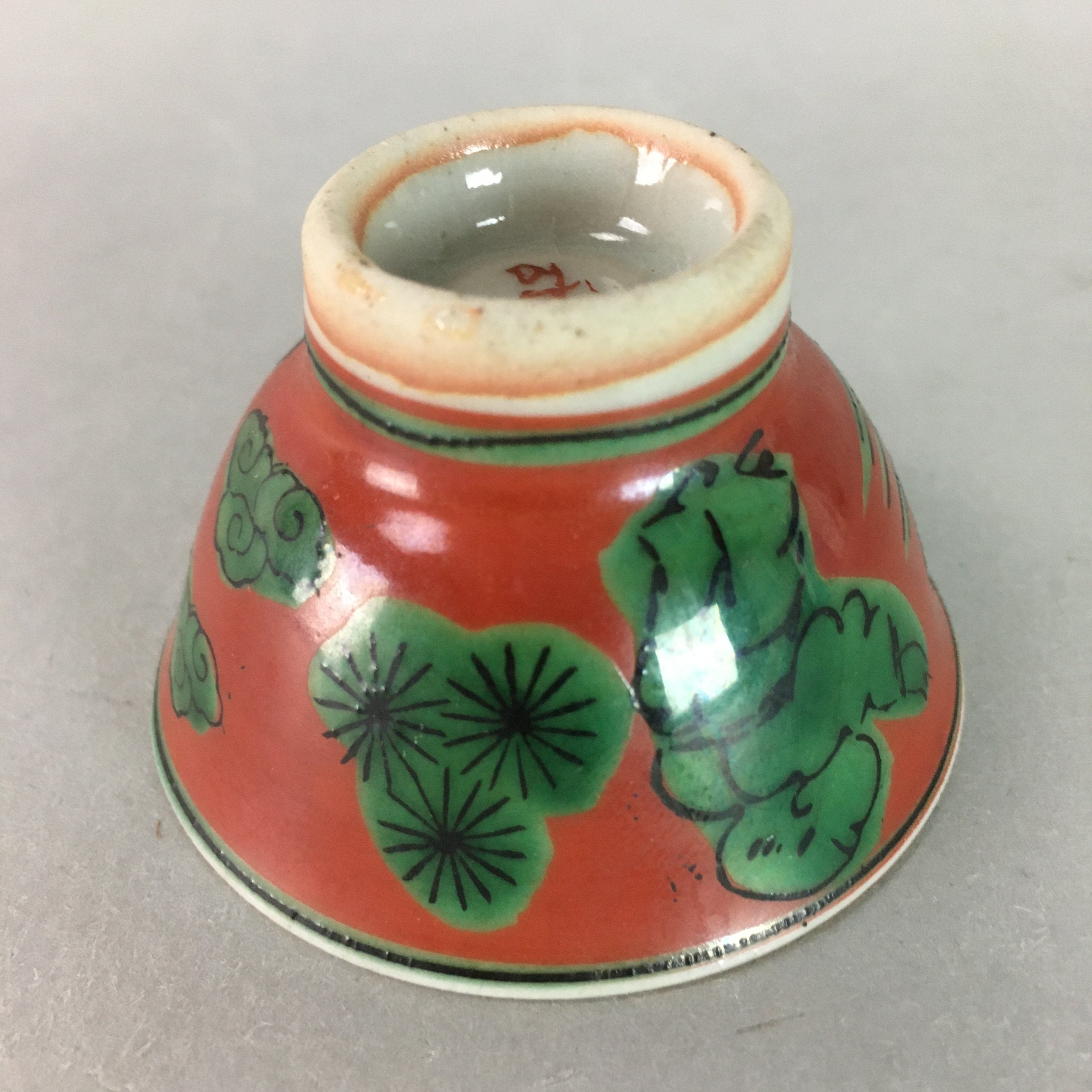 Japanese Ceramic Sake Cup Guinomi Sakazuki Kutani Vtg Pottery Red Green GU662